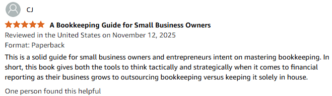 Screenshot of a book titled 'A Bookkeeping Guide for Small Business Owners' with a five-star review and a brief description of the book's content.