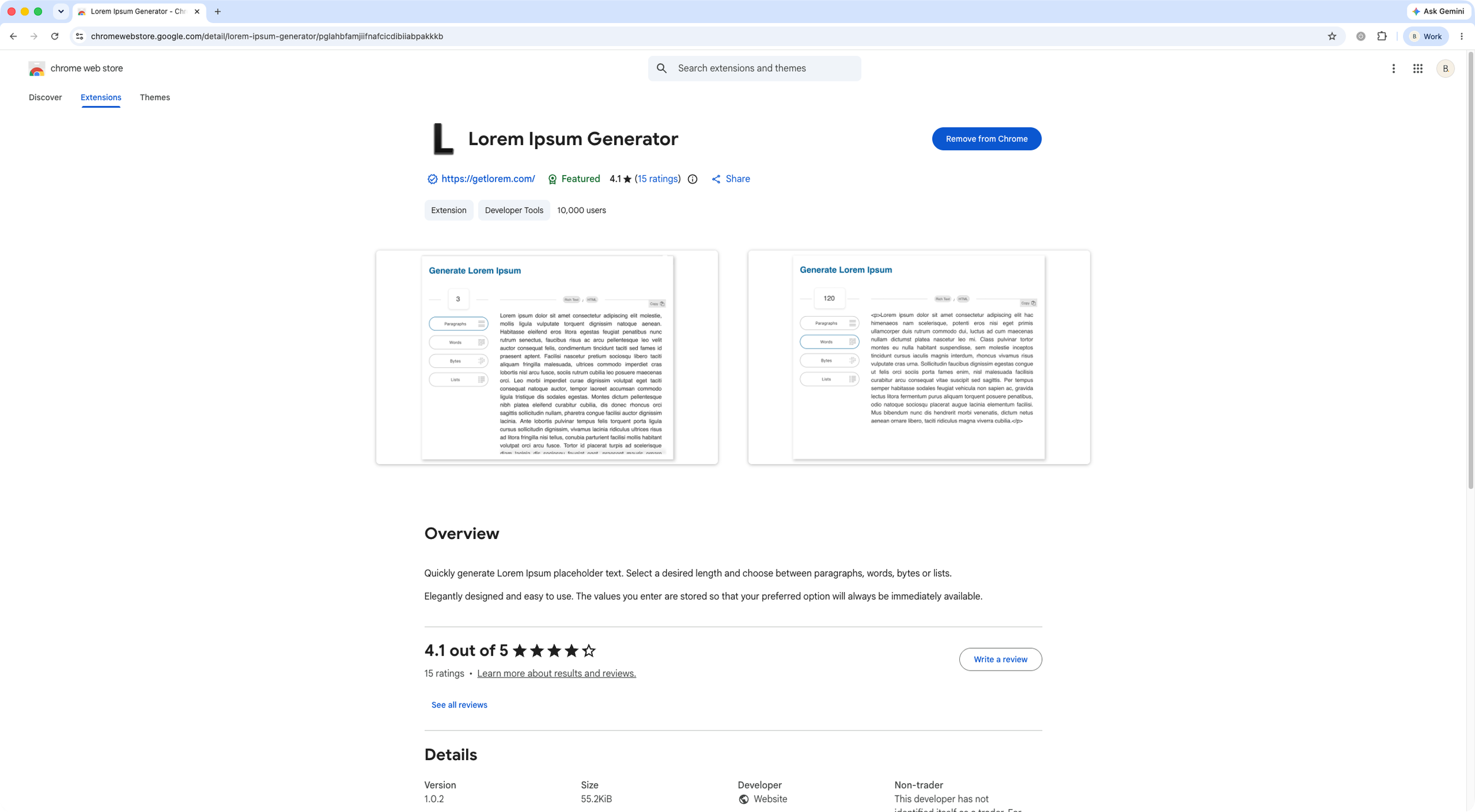 Lipsum text generator extension
