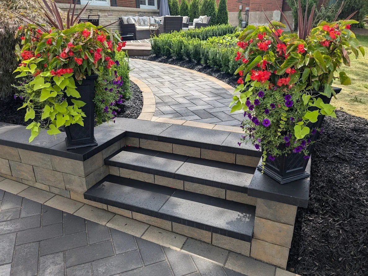 Modern walkway featuring Techo-Bloc's Brandon wall and Blu 80 pavers in a herringbone pattern