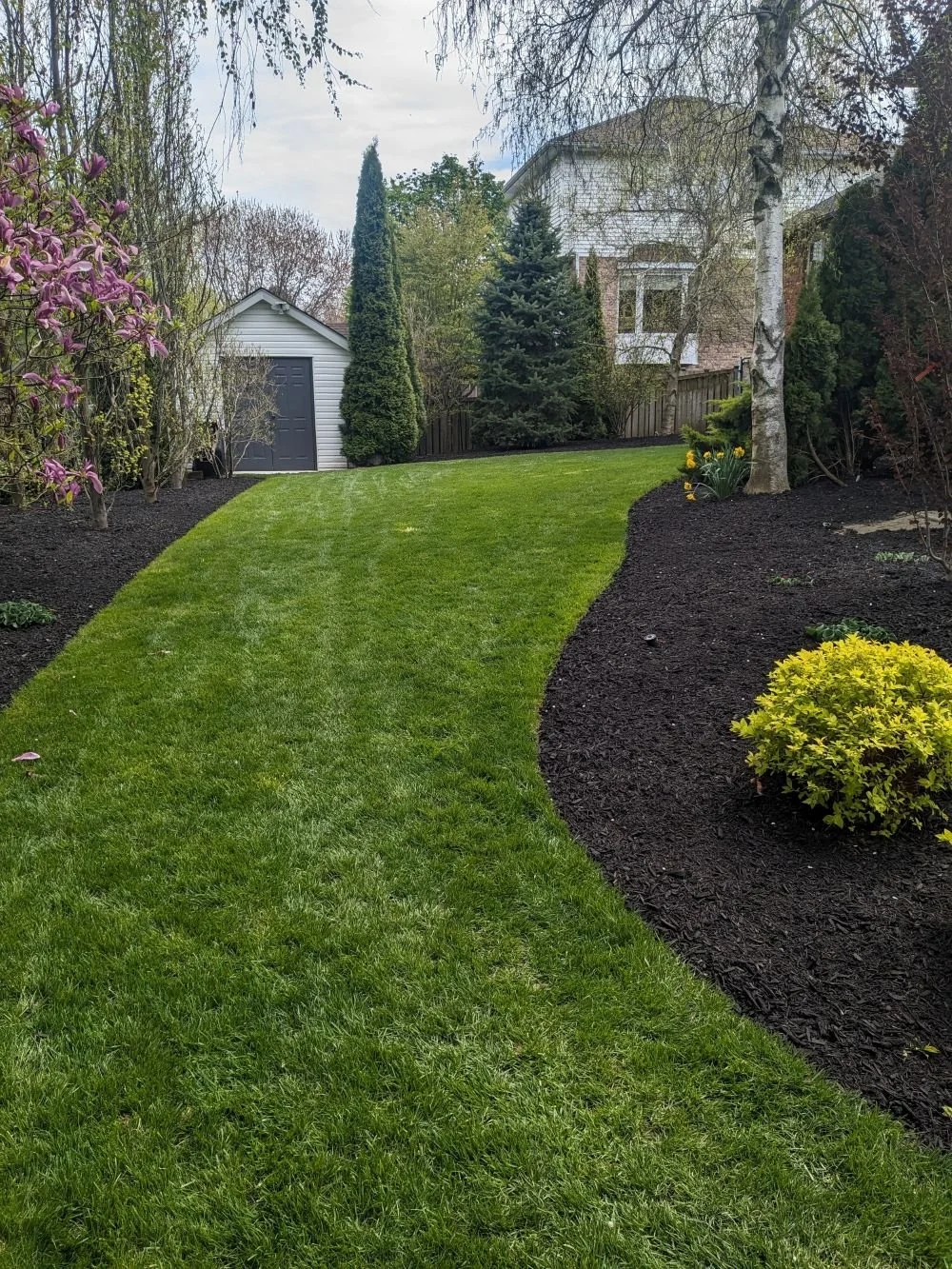 Spring property cleanup in Vineland featuring edged garden beds and a manicured lawn.