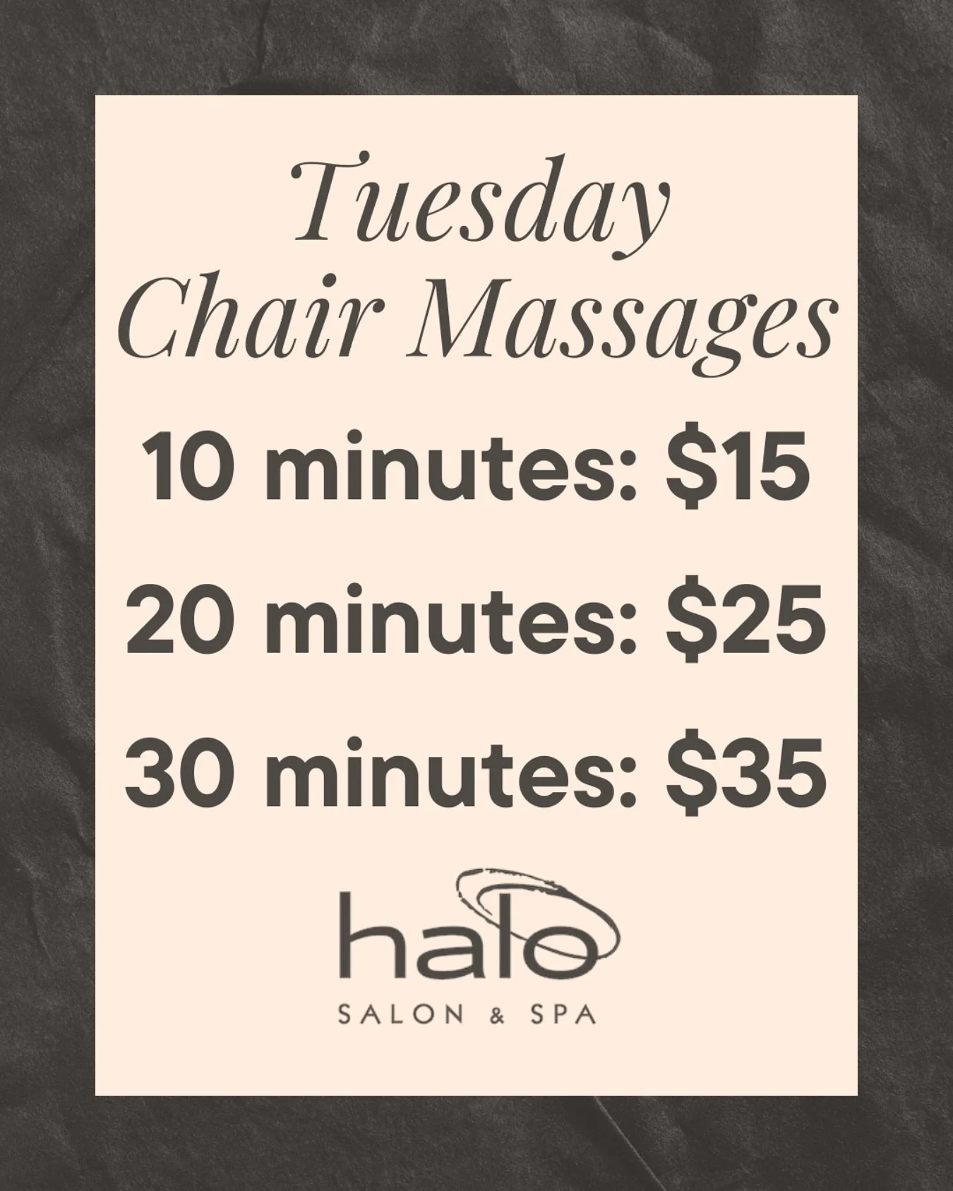 Relax at Halo 💆

September only, receive chair massage specials! Whether you&rsquo;re stopping by on your lunch break or waiting for your next service, let us pamper you. Book ahead now by calling us at 706.828.4856.

#halosalonandspa #halosalonaugu