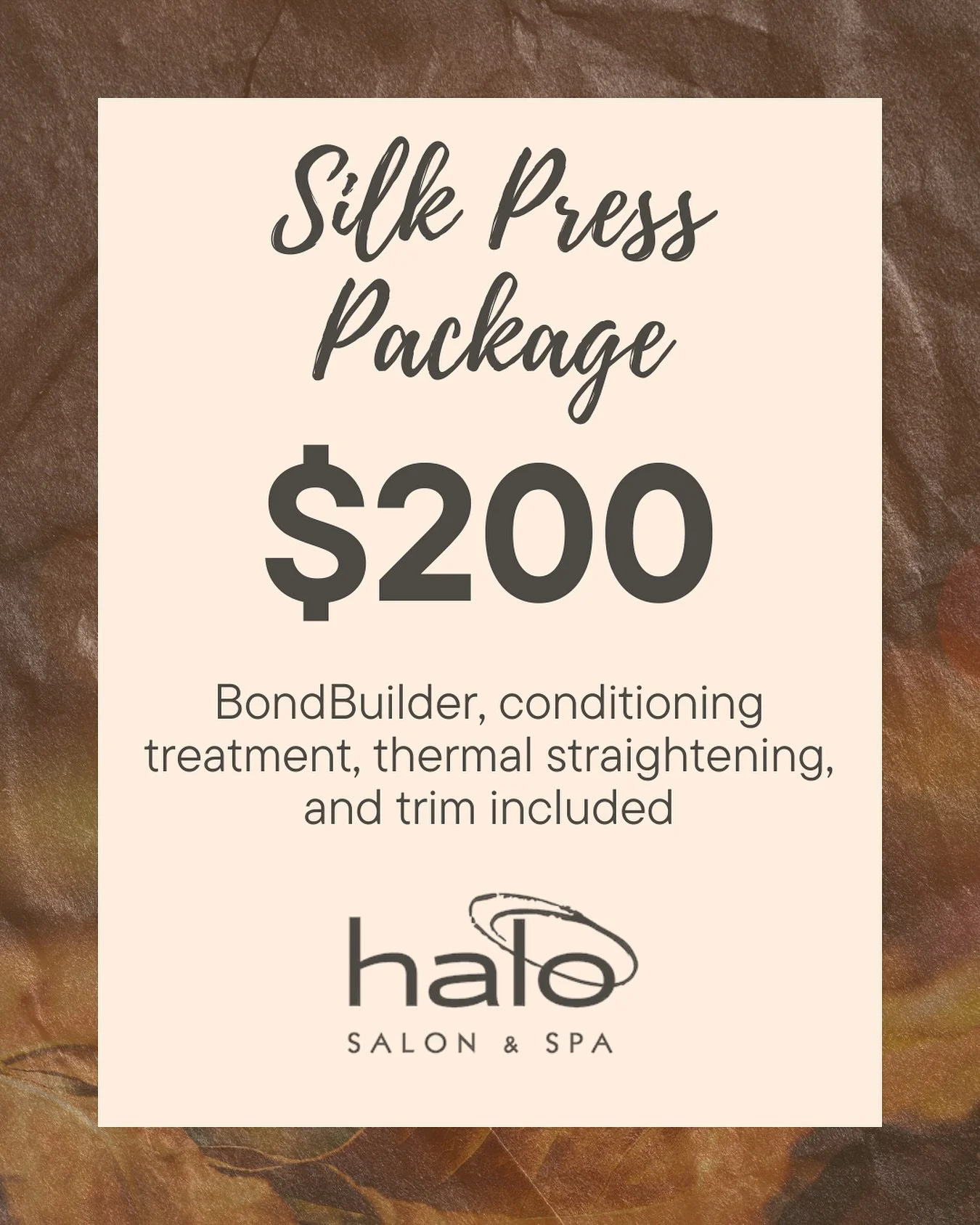 🚨 Now offering Silk Press 🚨

Halo is excited to expand its services and will now be offering Silk Press! To kick things off, we have a special package offer just for you. Get the full Silk Press experience with added conditioning, bond-building res