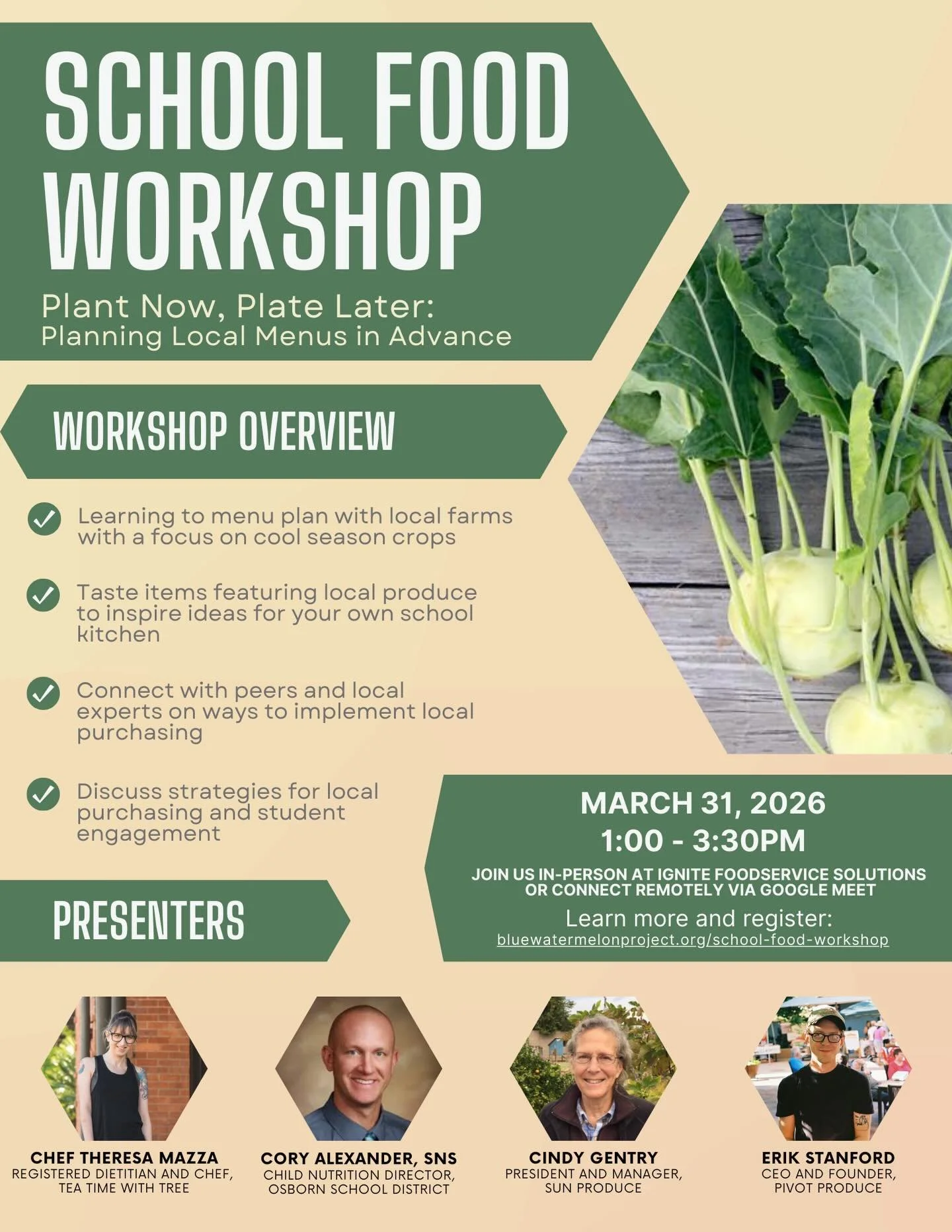 Join us for the next installation in our School Food Workshop series, &ldquo;Plant Now, Plate Later: Planning Local Menus in Advance with Cool Weather Produce,&rdquo; coming up on Tuesday, March 31st from 1:00-3:30pm in-person at Ignite Foodservice S