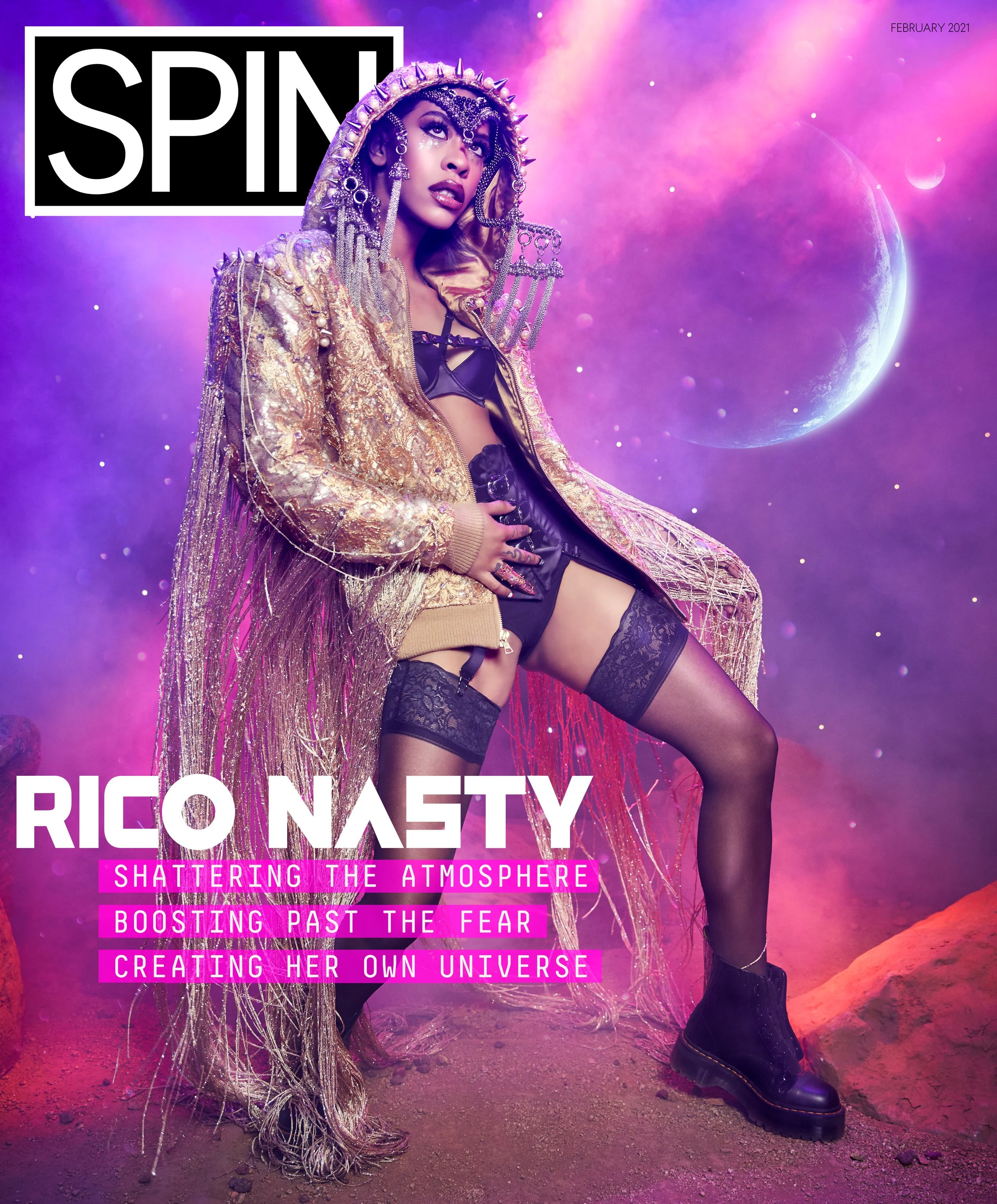 Cover photo of Rico Nasty with cosmic background, wearing a gold, embellished hooded jacket, lingerie, and stockings, with a large moon and planets in the purple and pink sky.