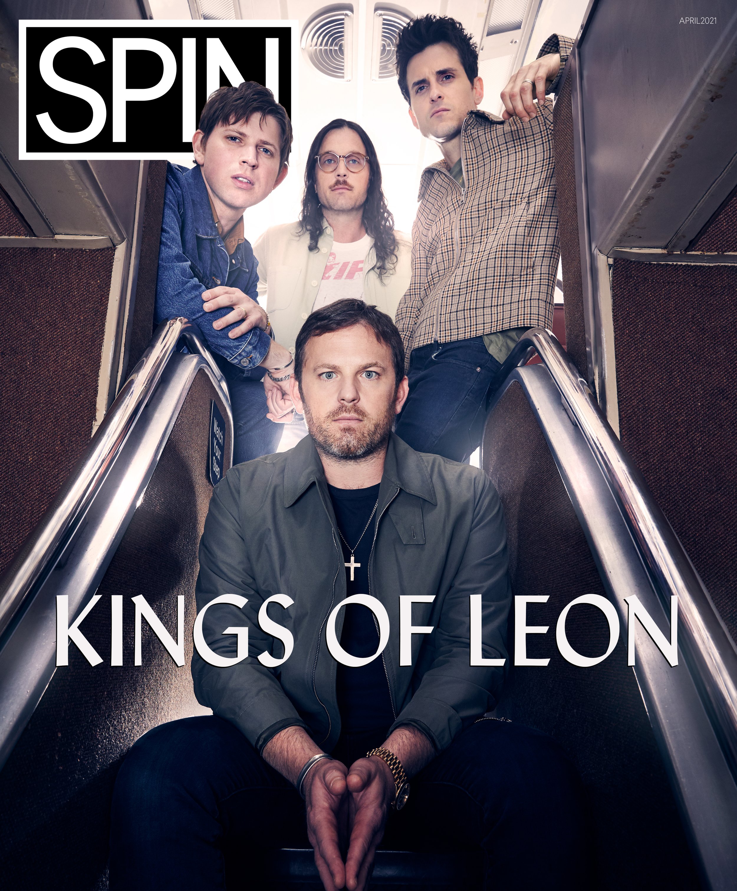 Cover of SPIN magazine featuring the band Kings of Leon, with five band members looking down from the top of an escalator.