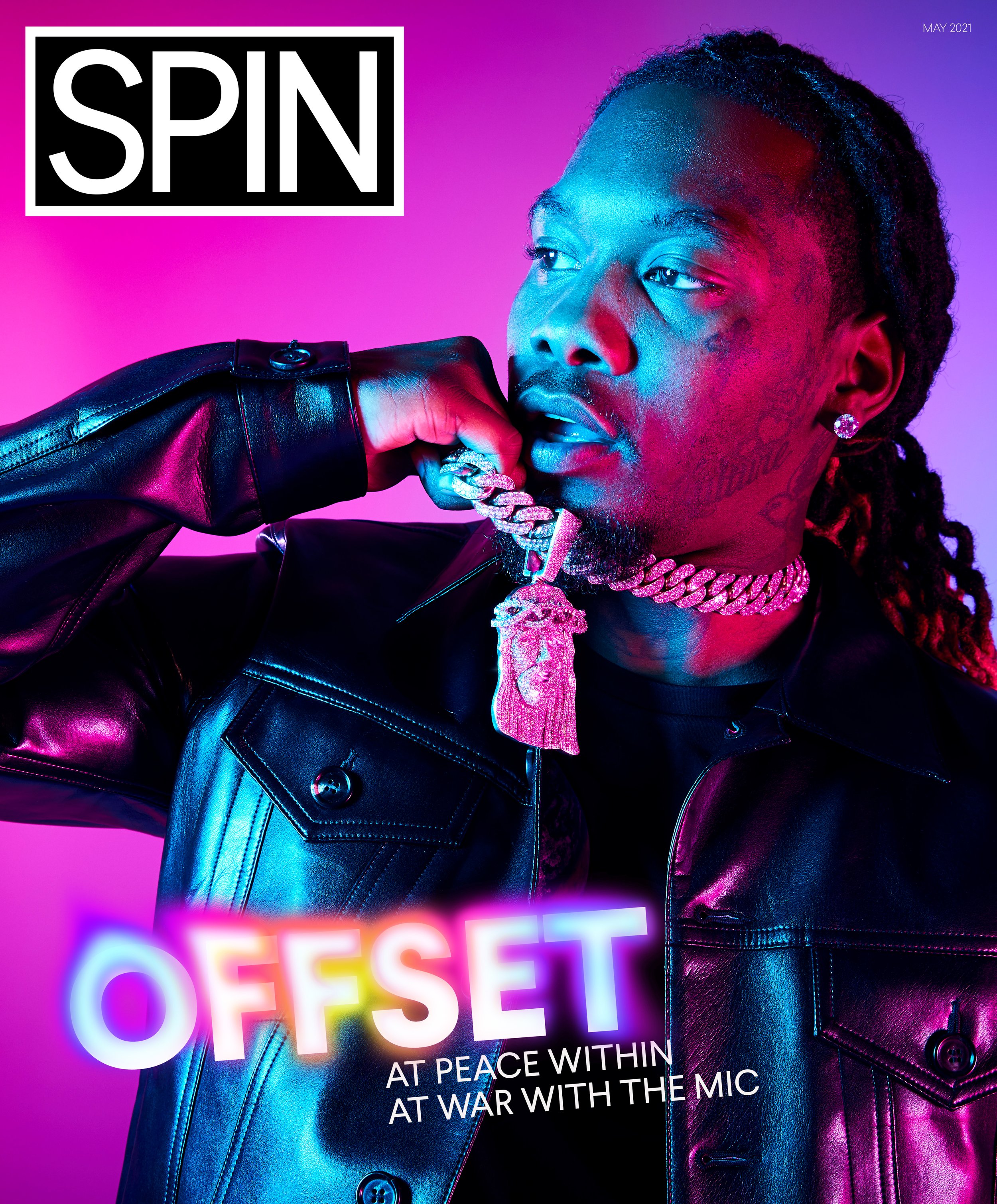 Cover of a magazine titled SPIN, May 2021 issue, featuring a man with long braided hair wearing a black leather jacket, holding a large diamond-encrusted chain with a metallic pendant, illuminated with vibrant pink and blue lighting, with the word OF