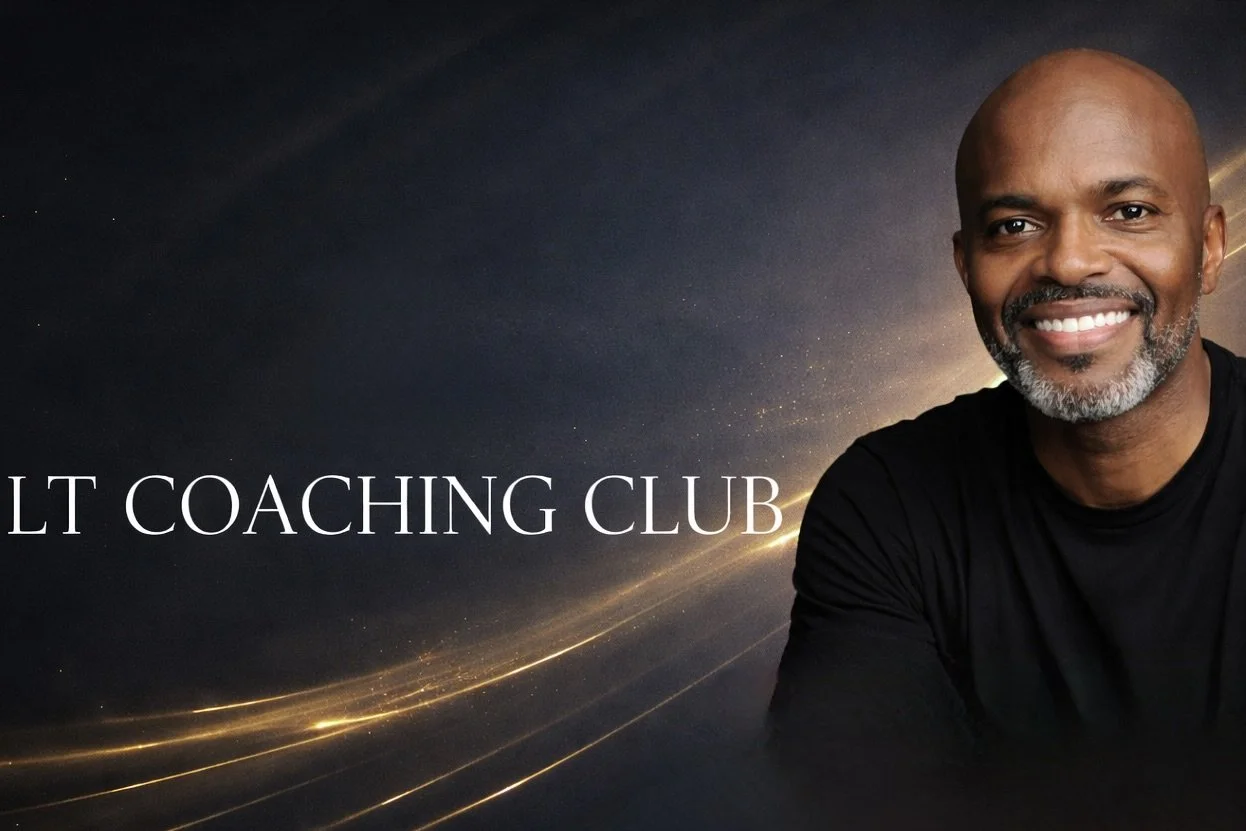 A smiling man with a beard in front of a starry night sky with light streaks, with text that says 'L T Coaching Club'.