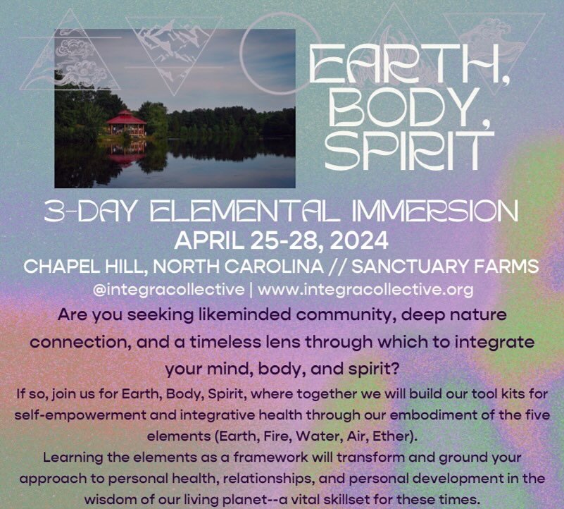 We&rsquo;ve got good news for you!!

Earth, Body, Spirit is now a 3-day course at HALF the price!!

We want YOU to be there- and now with the price cut + long weekend schedule, we hope you can join us!

From Thursday-Sunday, you&rsquo;ll experience&h