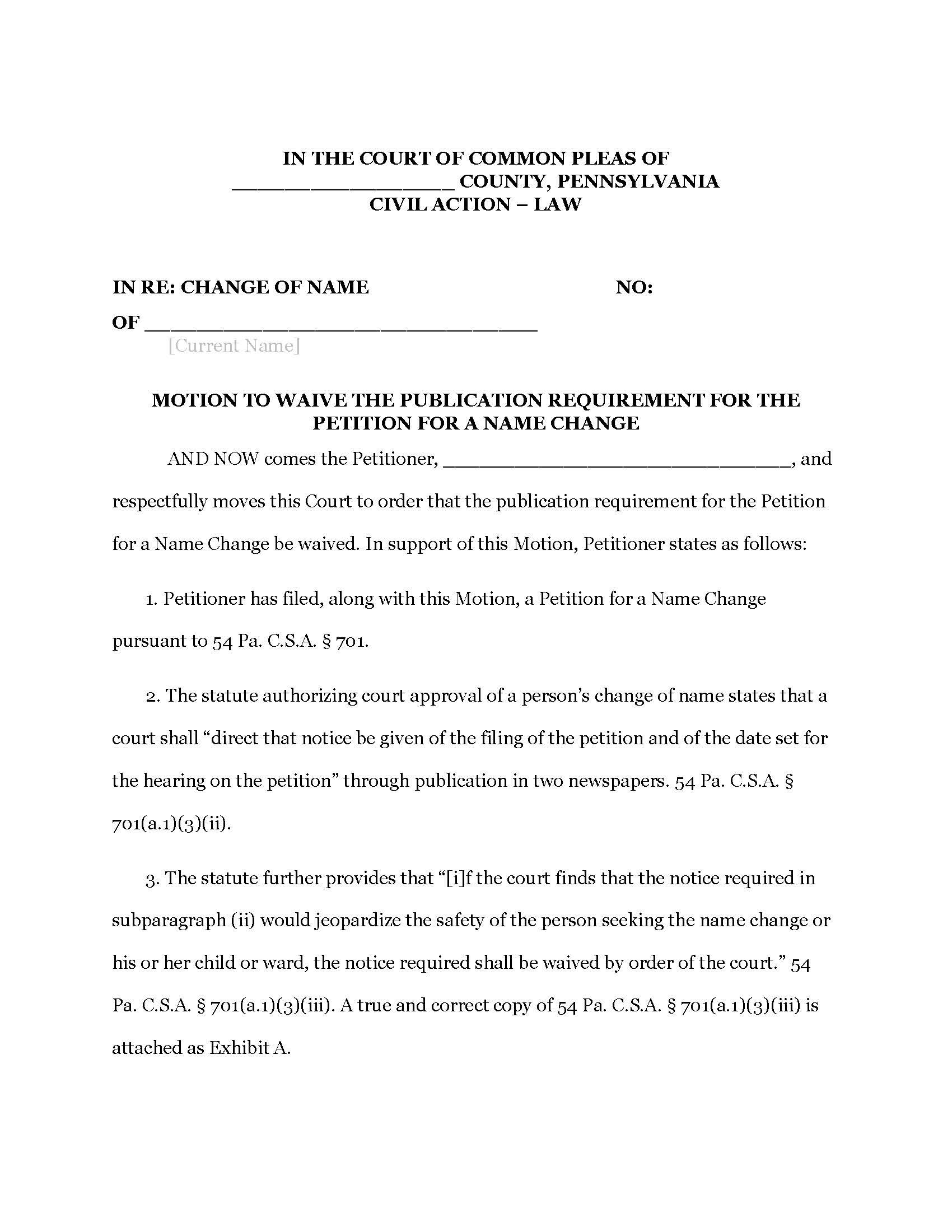 Motion to Waive Publication Requirement P. 1