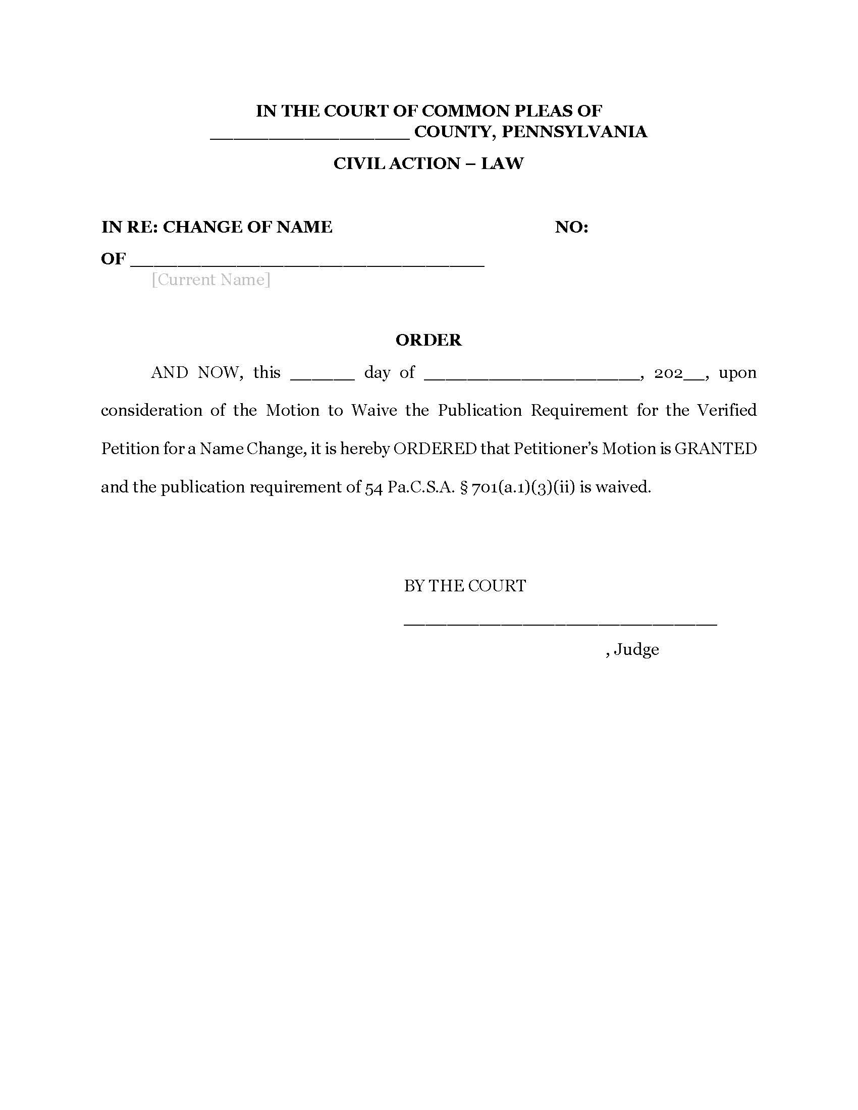 Motion to Waive Publication Requirement Order