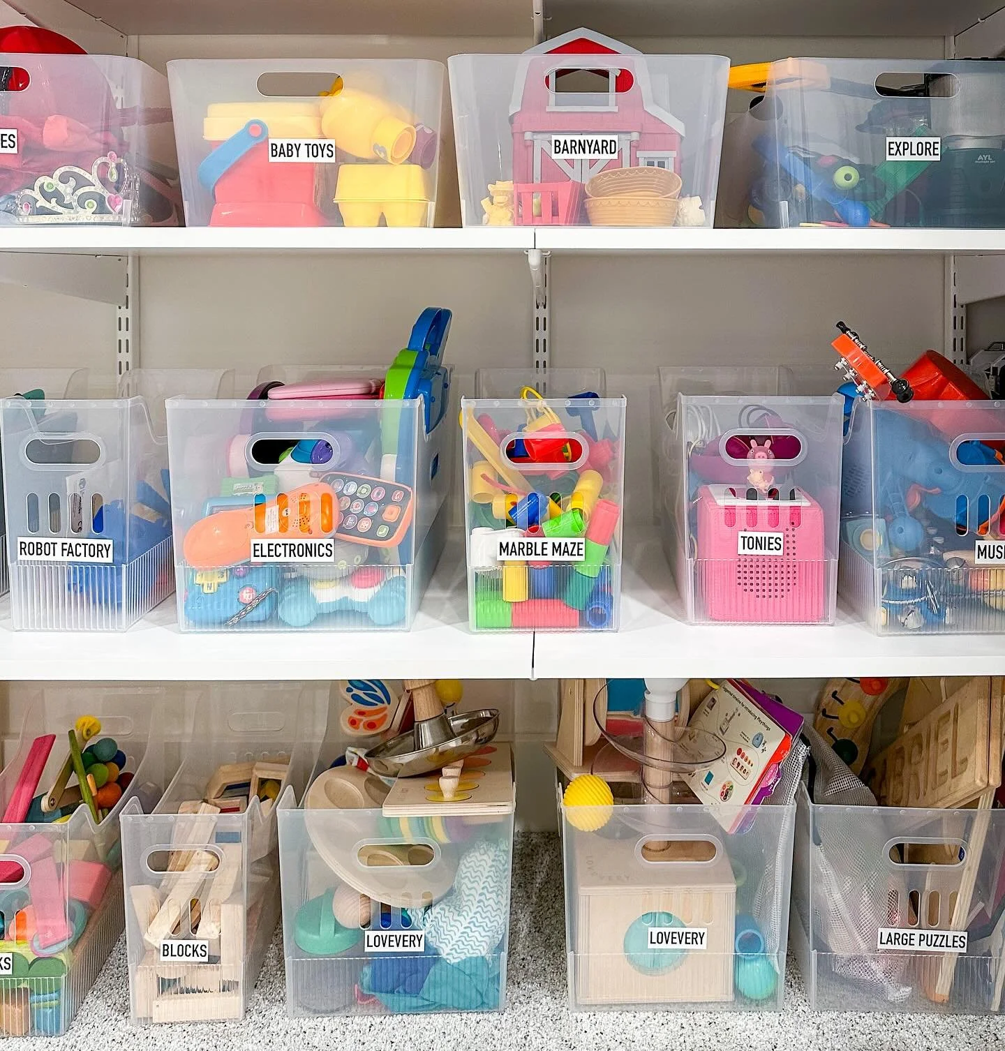 keeping the playroom organized can be tough if you don’t have the right systems in place. opting for clear, open top bins helps streamline the cleanup process by making access easier + quicker for little ones. It encourages them to put toys awa