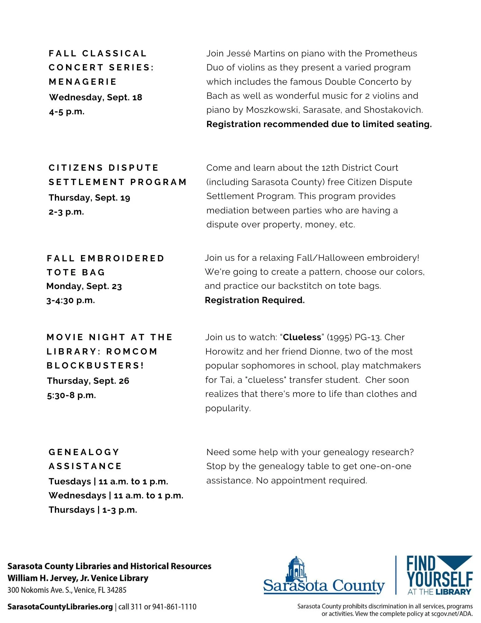 September calendar of events friends of the venice public library