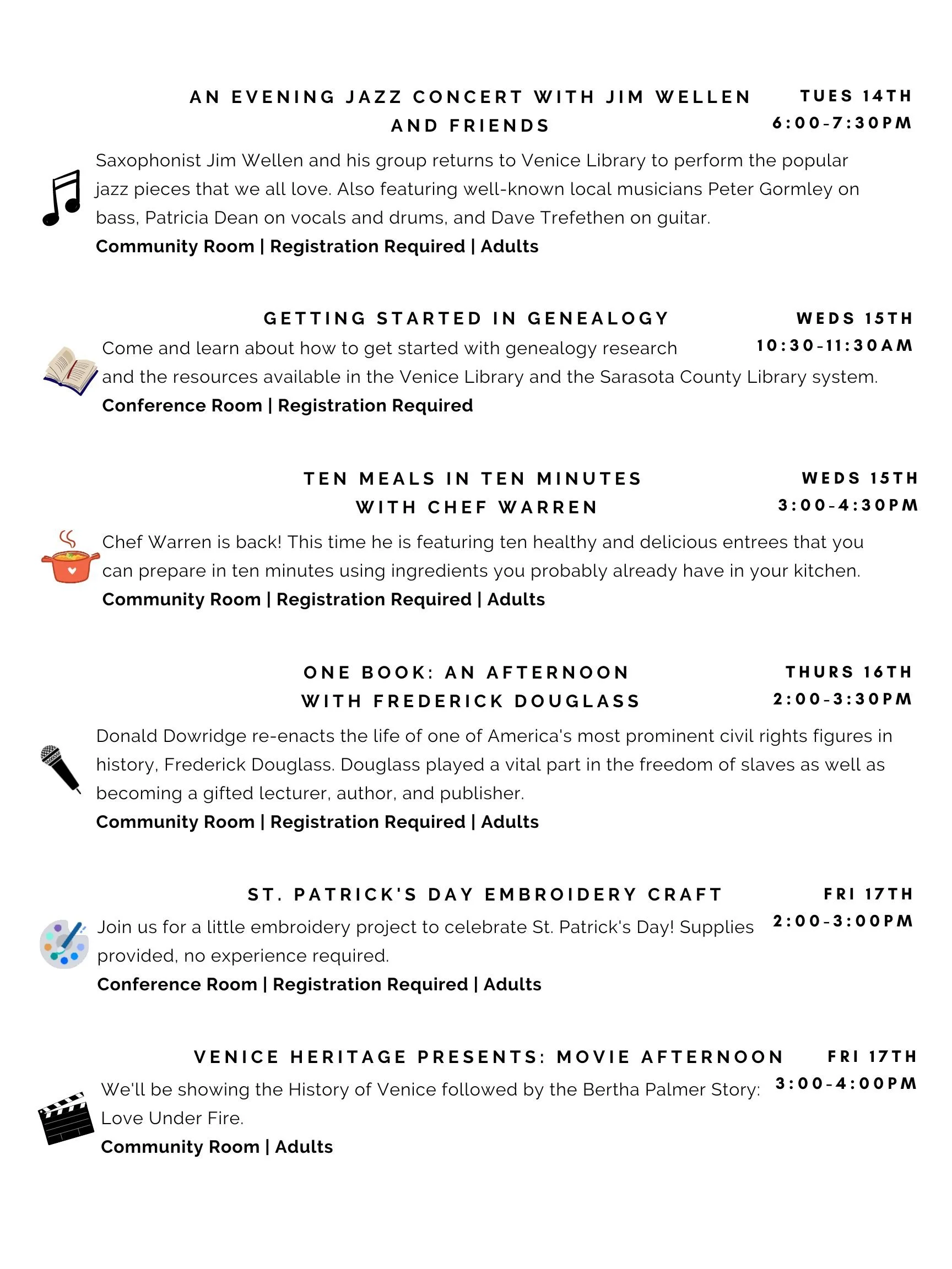 March 2023 Calendar of Events for Adults — Friends of the Venice Public Library March 2023 Calendar of Events for Adults — Friends of the Venice Public Library