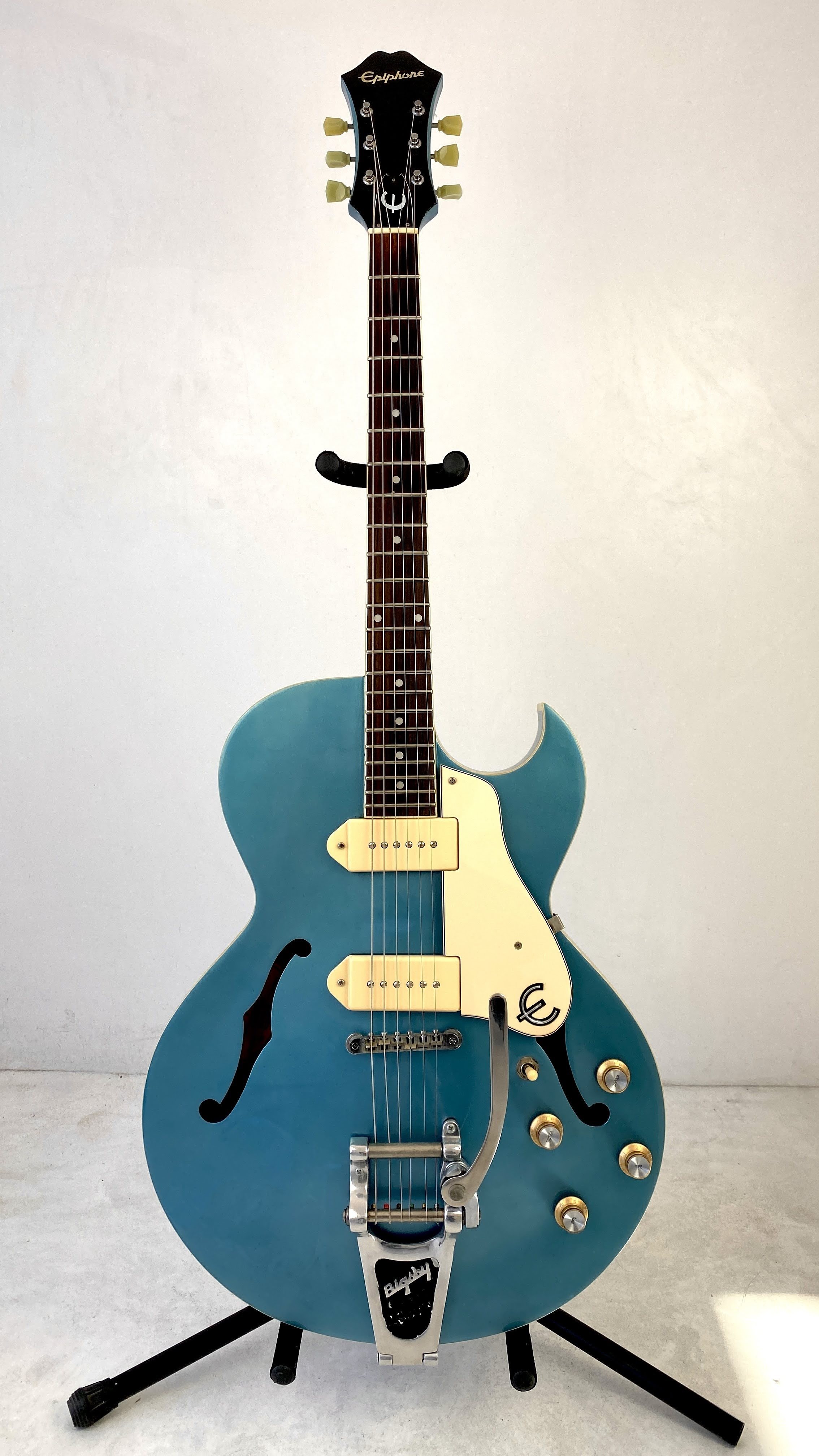 1996 Epiphone Sorrento with Lollar P90s.  Heard on Freedom Fry's "Earthquake," "Summer in the City," and many others. Used extensively on early Astaire & Blondfire EPs and albums.