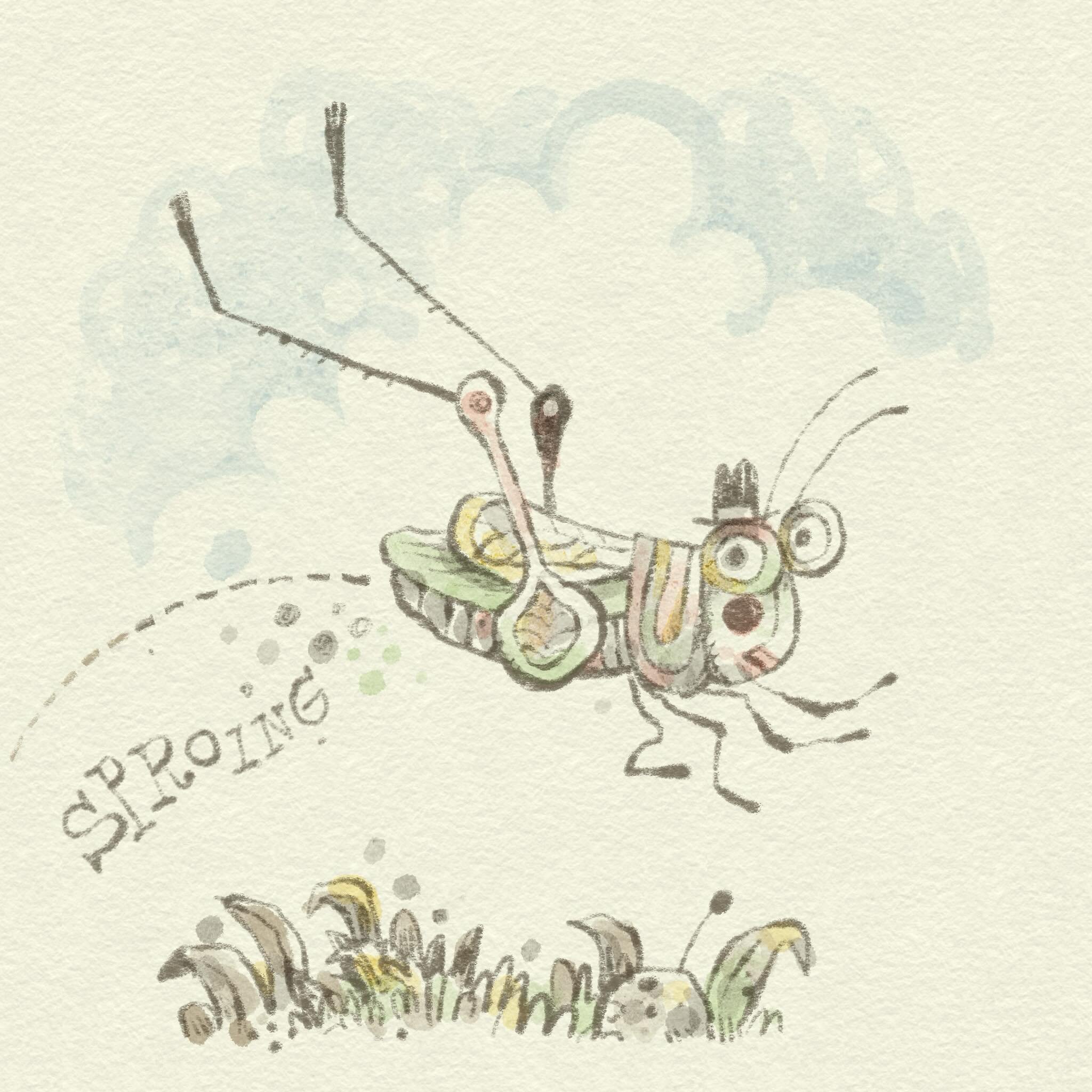 Writing an impatient grasshopper story. Drawing impatient grasshoppers. Having fun with this iPad pencil watercolor thing. Looking at a LOT of Arnold Lobel lately.