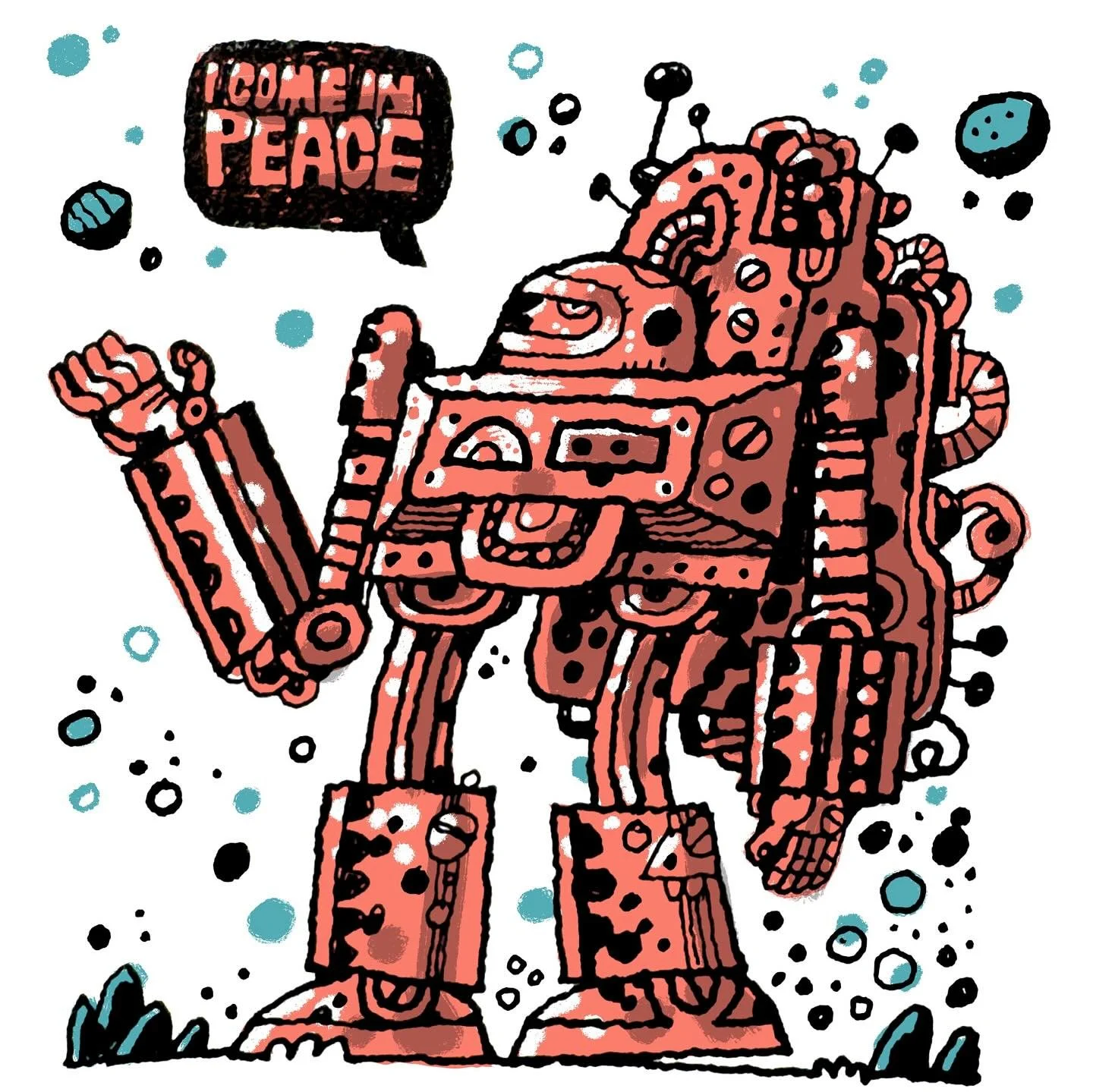 Awaiting the AC repairman this morning and getting some much-needed pointlessly detailed astronaut-robot drawing done. 
Some color on the iPad. Some with markers.