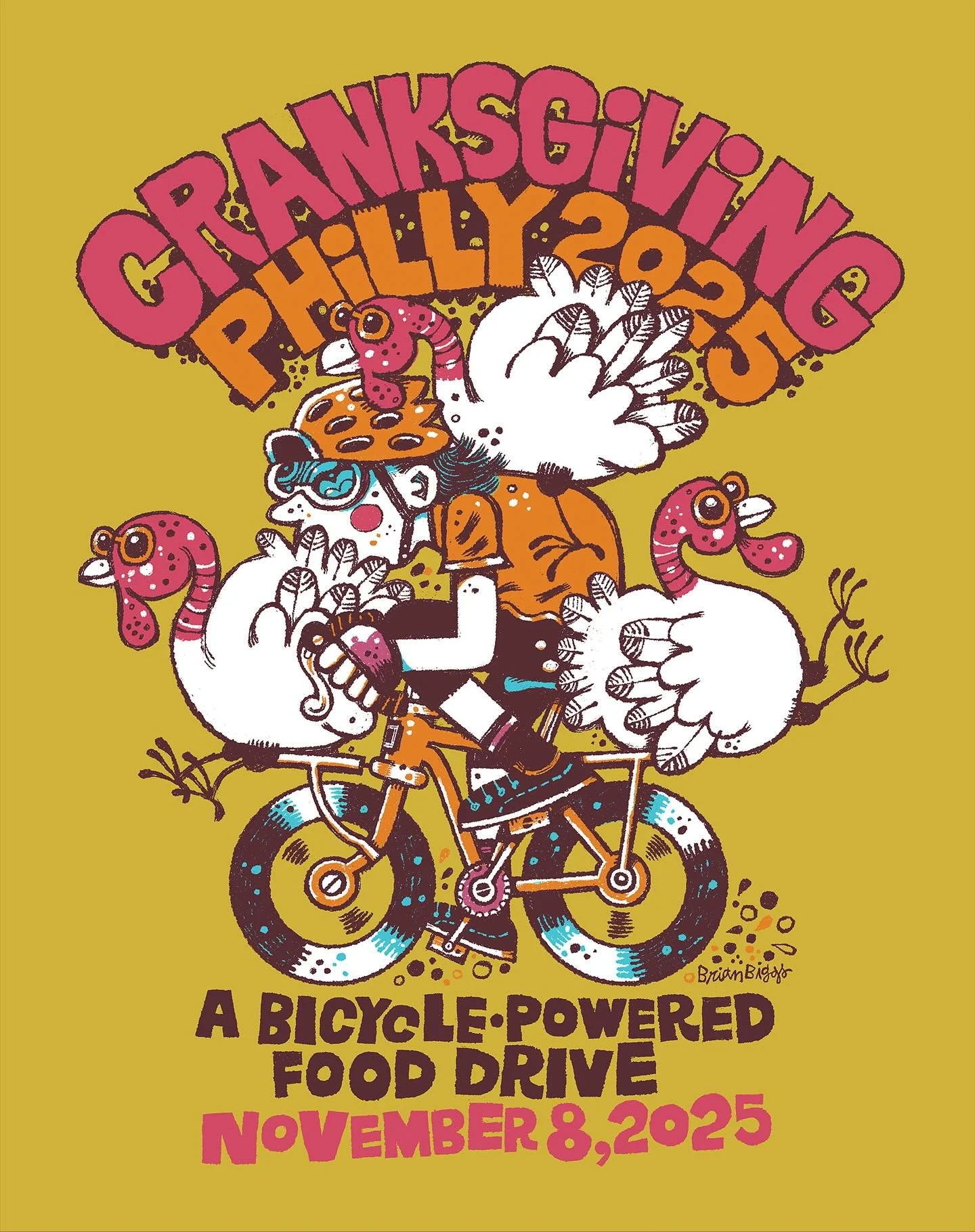 I designed a poster for Cranksgiving Philly. It&rsquo;s a bicycle-powered food drive that will take place tomorrow here in Philadelphia. I&rsquo;ve had Canada Geese sort of hop on my bike once or twice. But never turkeys. Not yet anyway.