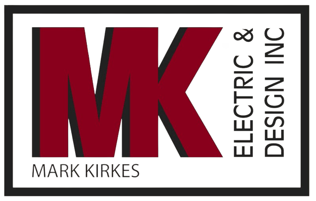 Logo with large red and black letters 'M' and 'K' and text 'Mark Kirkes' and 'Electrical & Design Inc'.
