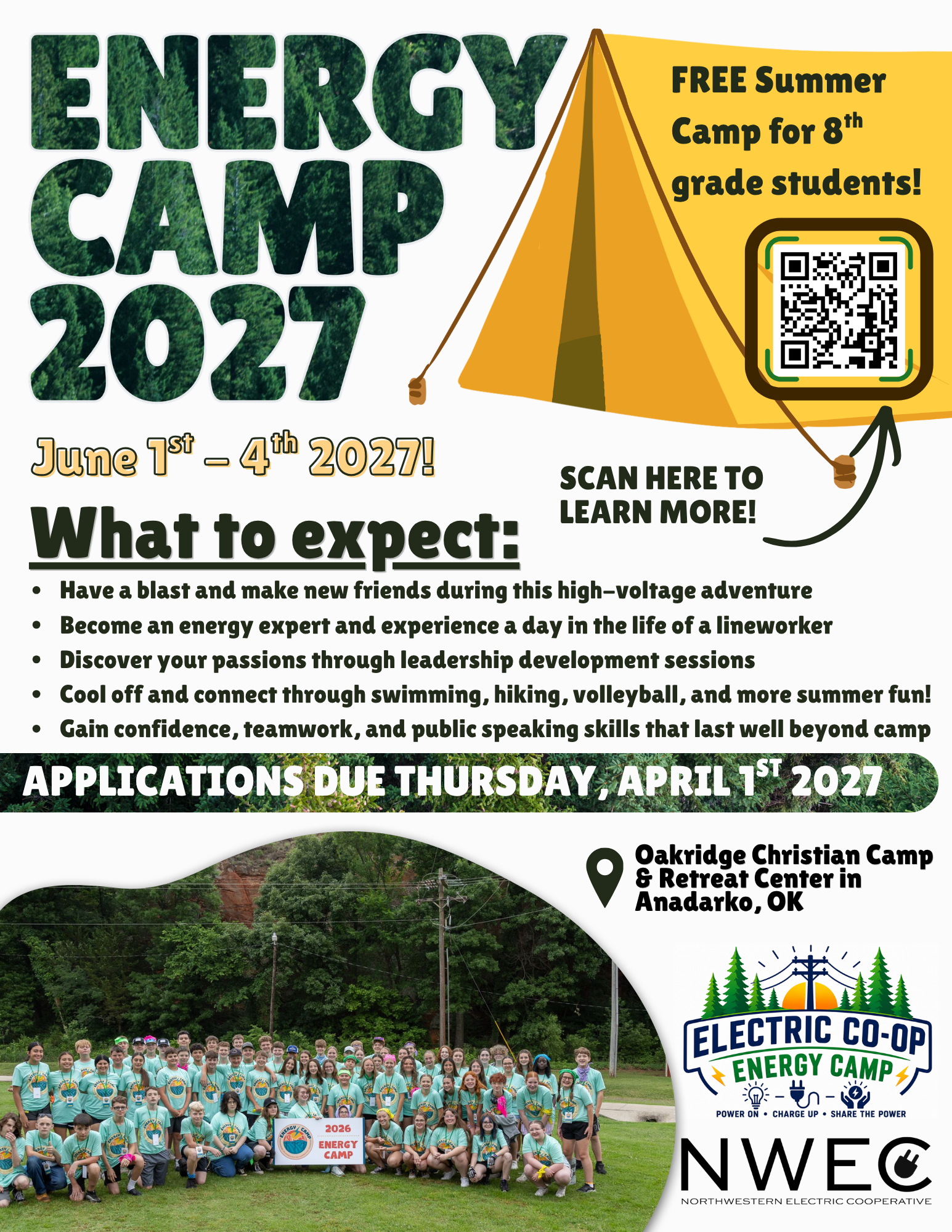 Group photo of children and teenagers at the 2022 Energy Camp at Oakridge Christian Camp in Anadarko, OK. The campers are wearing teal T-shirts with a camp logo, standing outdoors on in front of green trees, with a sign that reads '2022 Energy Camp'. The logo of Northwestern Electric Cooperative is displayed at the bottom right of the image.