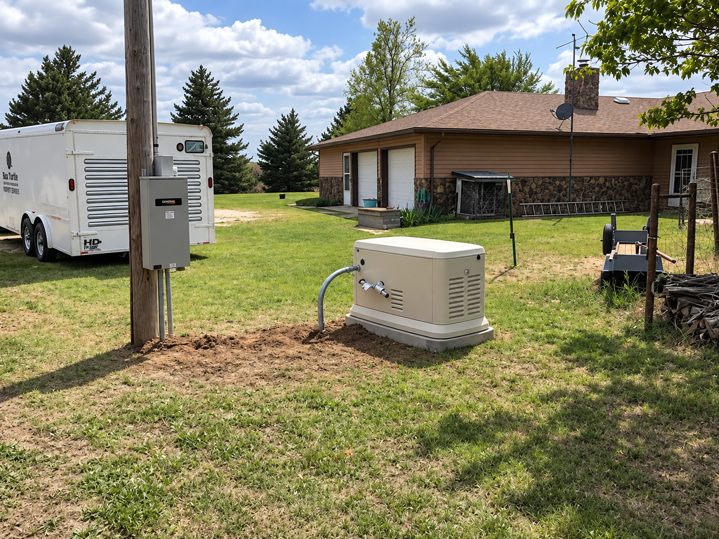 A whole-home standby generator installed beside a power pole