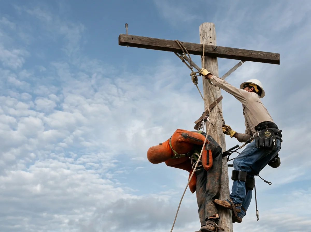 An NWEC lineman working at the top of a power pole against a bright sky
