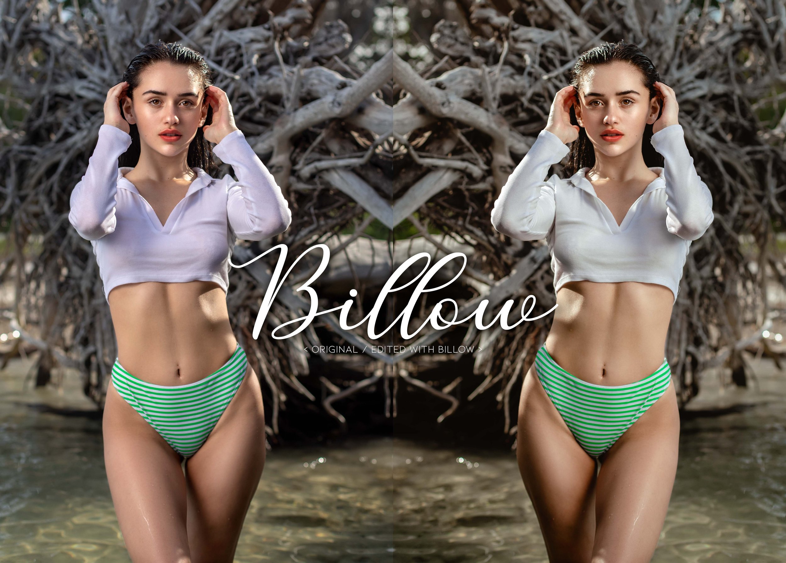 Before and after of beach portrait, edited with photoshop and lightroom vintage glamour preset.