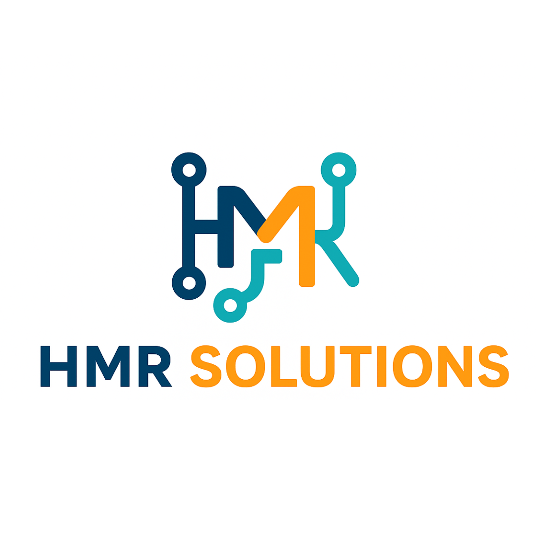 Logo of HMR Solutions featuring stylized interconnected lines forming the letters H, M, and R, with the company name written below in blue and orange.