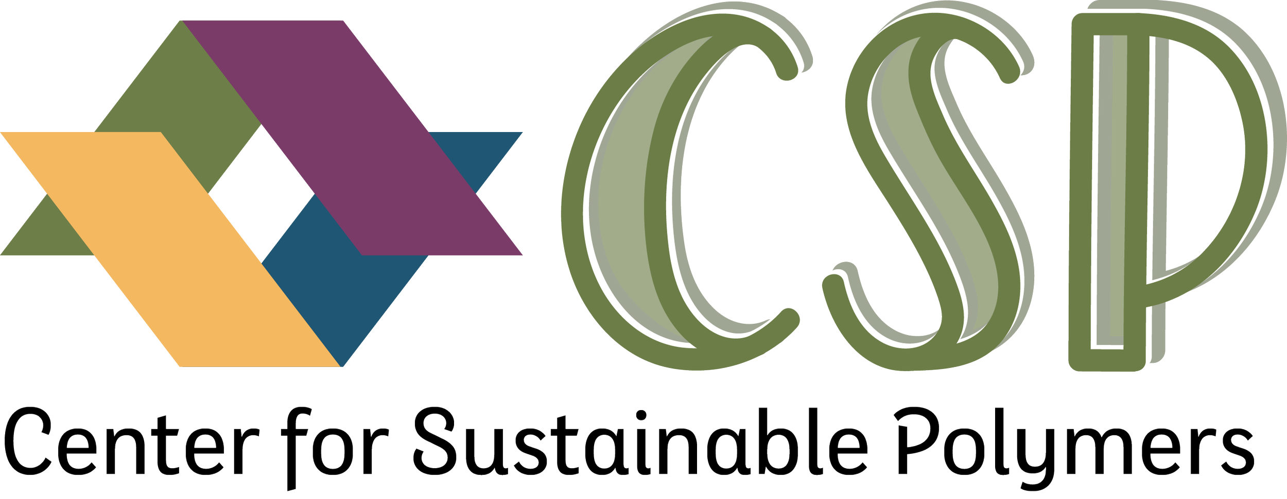 Logo of the Center for Sustainable Polymers featuring multicolored geometric shapes and the acronym 'CSP' in large green letters with the full name below.