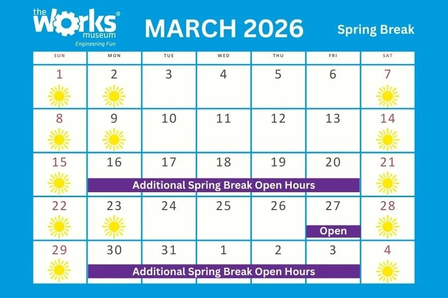 Make the most of spring break and turn your kids' days off into days of discovery! We&rsquo;ll be open from 10 a.m. to 4 p.m. during additional open hours.

We are also open during our regular school year hours on Saturdays and Sundays, 10 a.m. to 5 