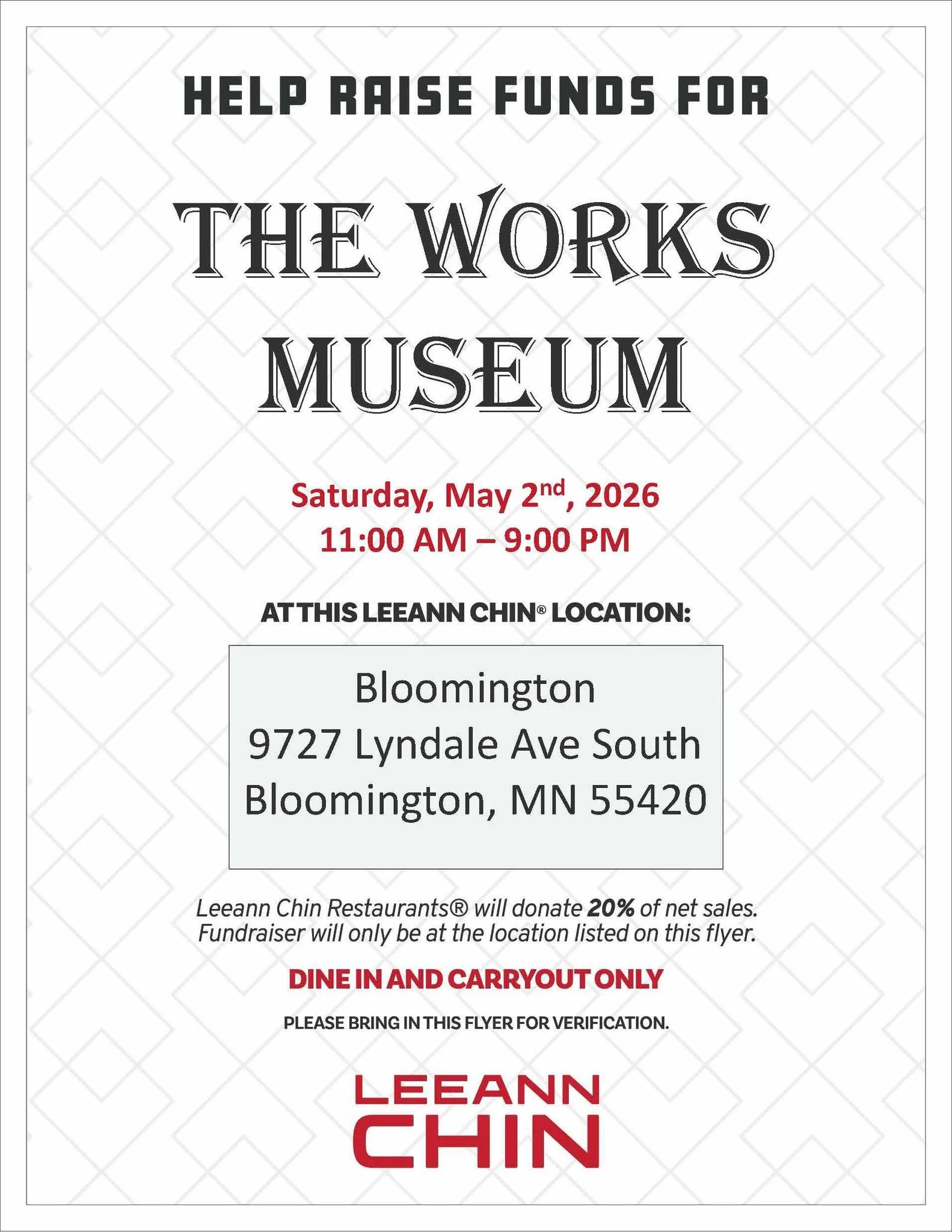 Enjoy a meal and make an impact! We are partnering with Leeann Chin on Robot Day, this Saturday, May 2. On Robot Day, 20% of all food purchases at the Bloomington location (just around the corner from The Works Museum) will go towards expanding acces