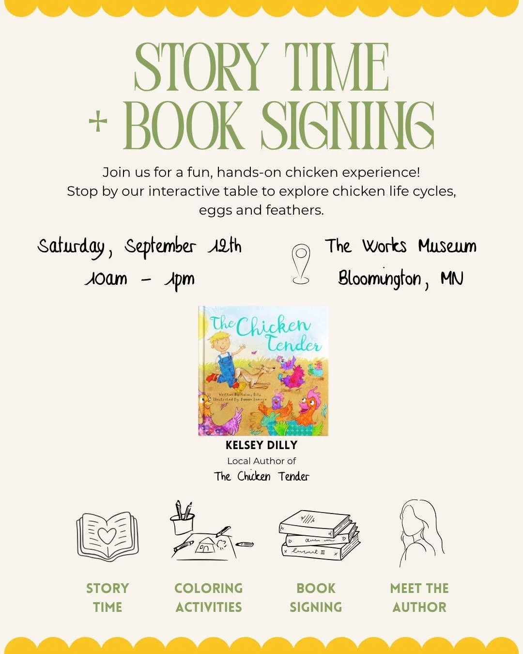 Stop by the museum on Saturday, September 12 at 10:30 or 11:30 a.m. for a story time and book signing with local author, Kelsey Dilly. She will be reading her new book, The Chicken Tender. 

The event is included with museum admission ($14 per person
