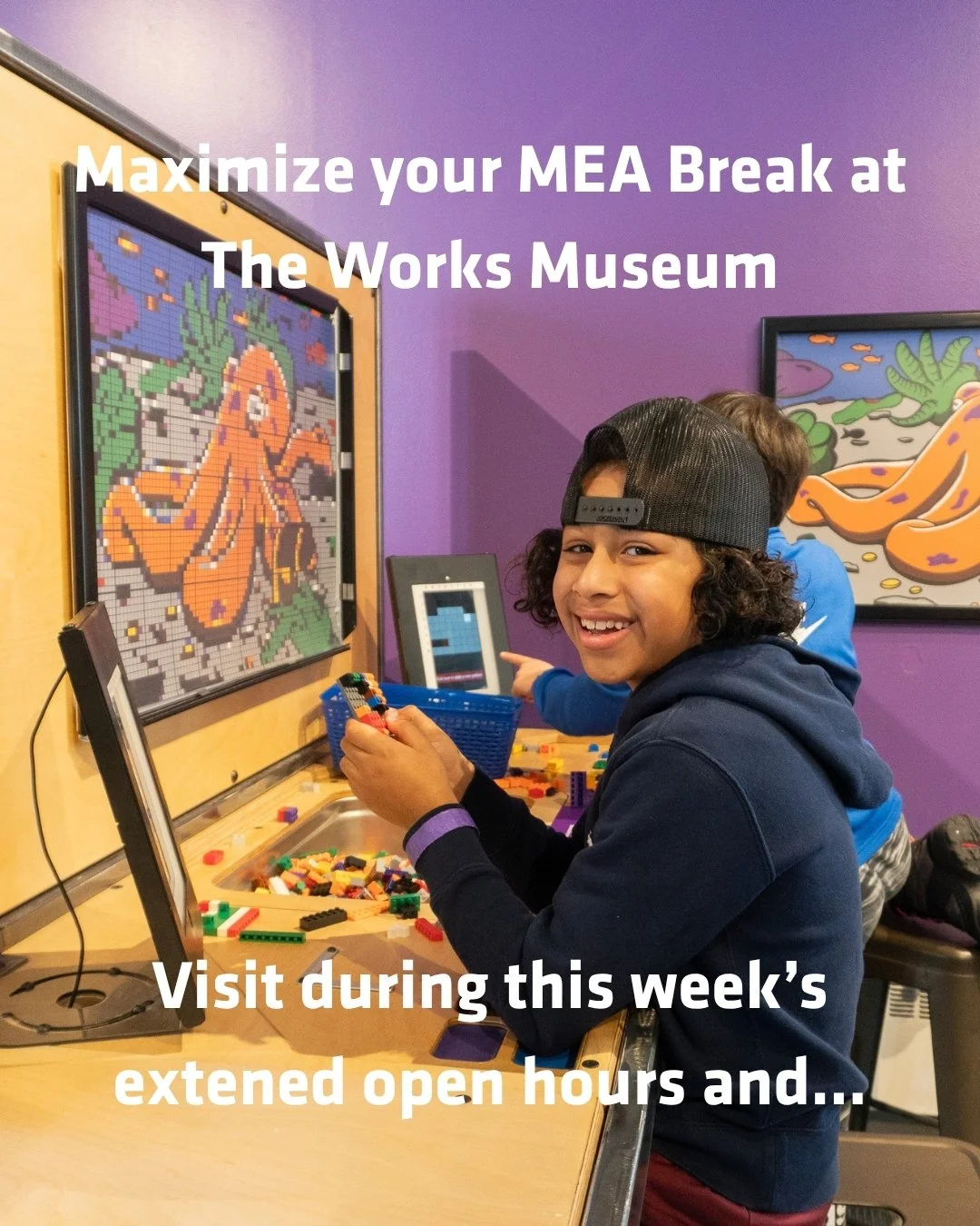 Visit during this week's extended hours for MEA Break! We will be open this Wednesday 10/14, Thursday 10/15, and Friday 10/16, from 10 a.m. to 4 p.m. in addition to our regular school year hours. Swipe through to see all the ways you can have hands-o