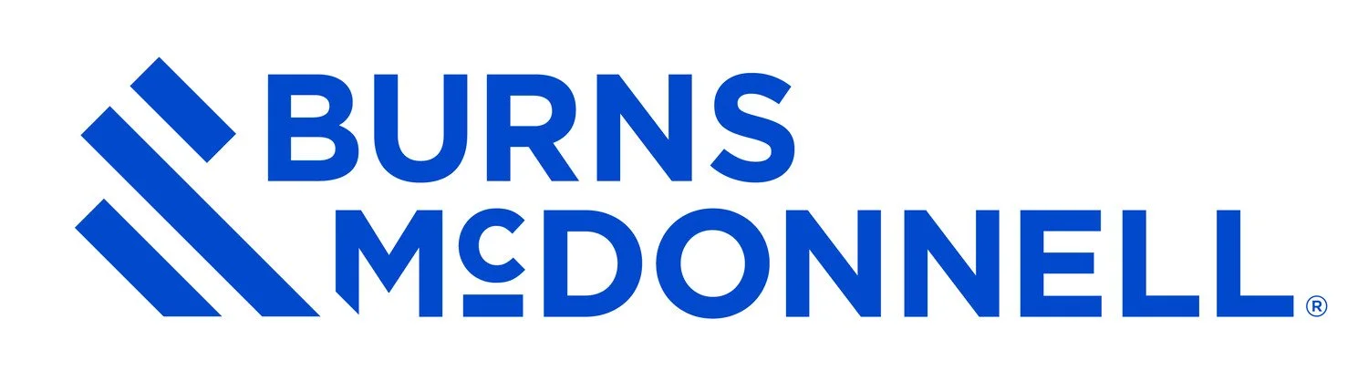 BURNS MCDONNELL logo in blue with stylized three-line emblem