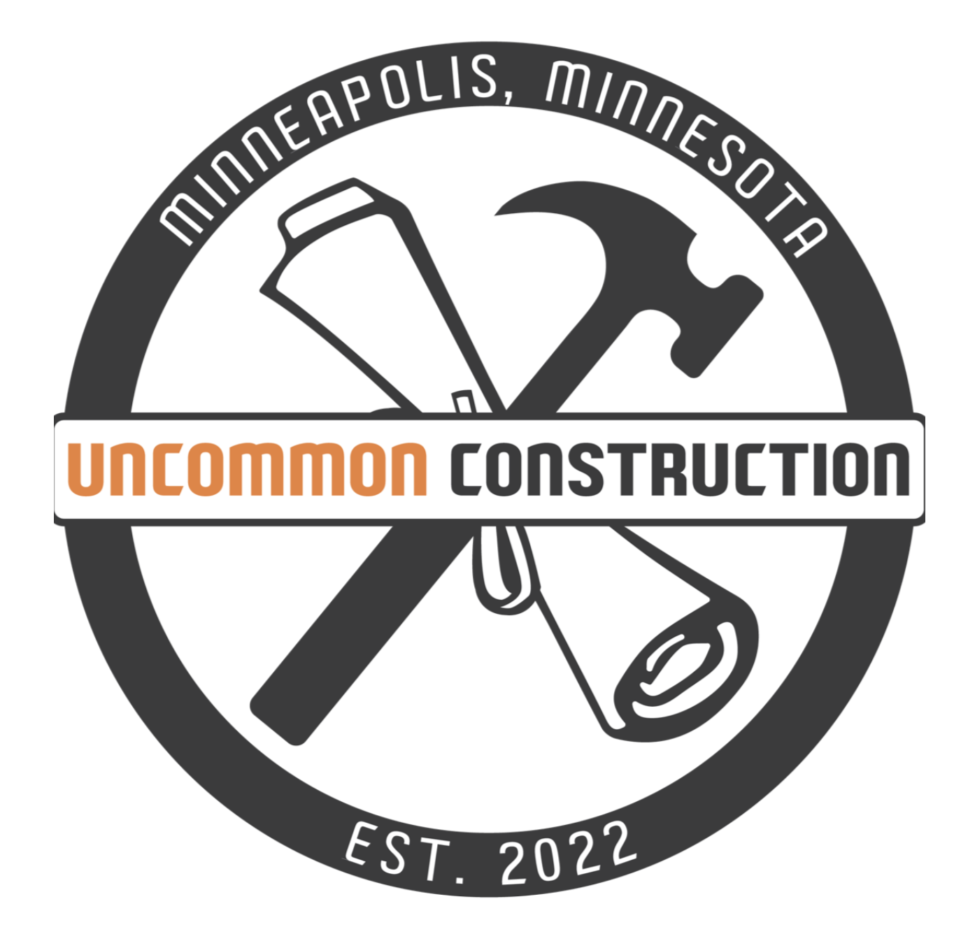 Logo of Uncommon Construction, a Minneapolis-based construction company established in 2022, featuring a hammer, a rolled blueprint, and a paint roller within a circular design.