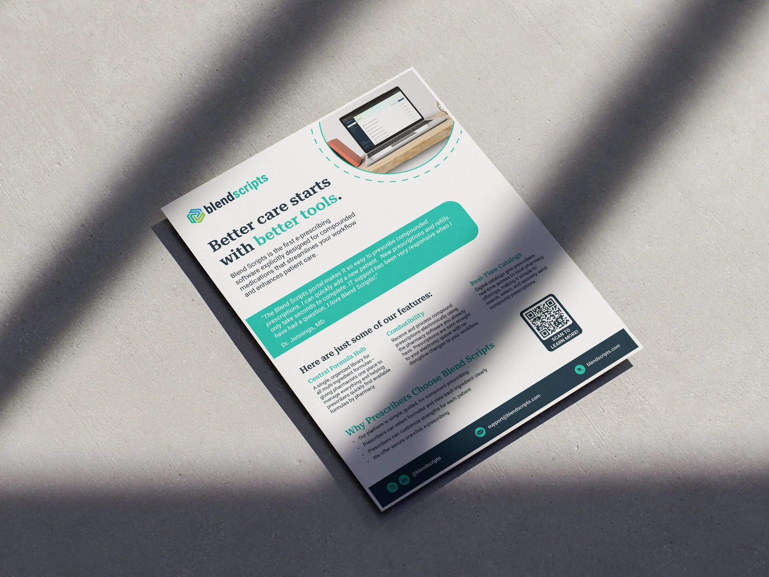 Blend Scripts is a tech startup for prescribers and physicians to send compounding formulas to each other online. This is outreach flyer was created for tradeshows and conferences.