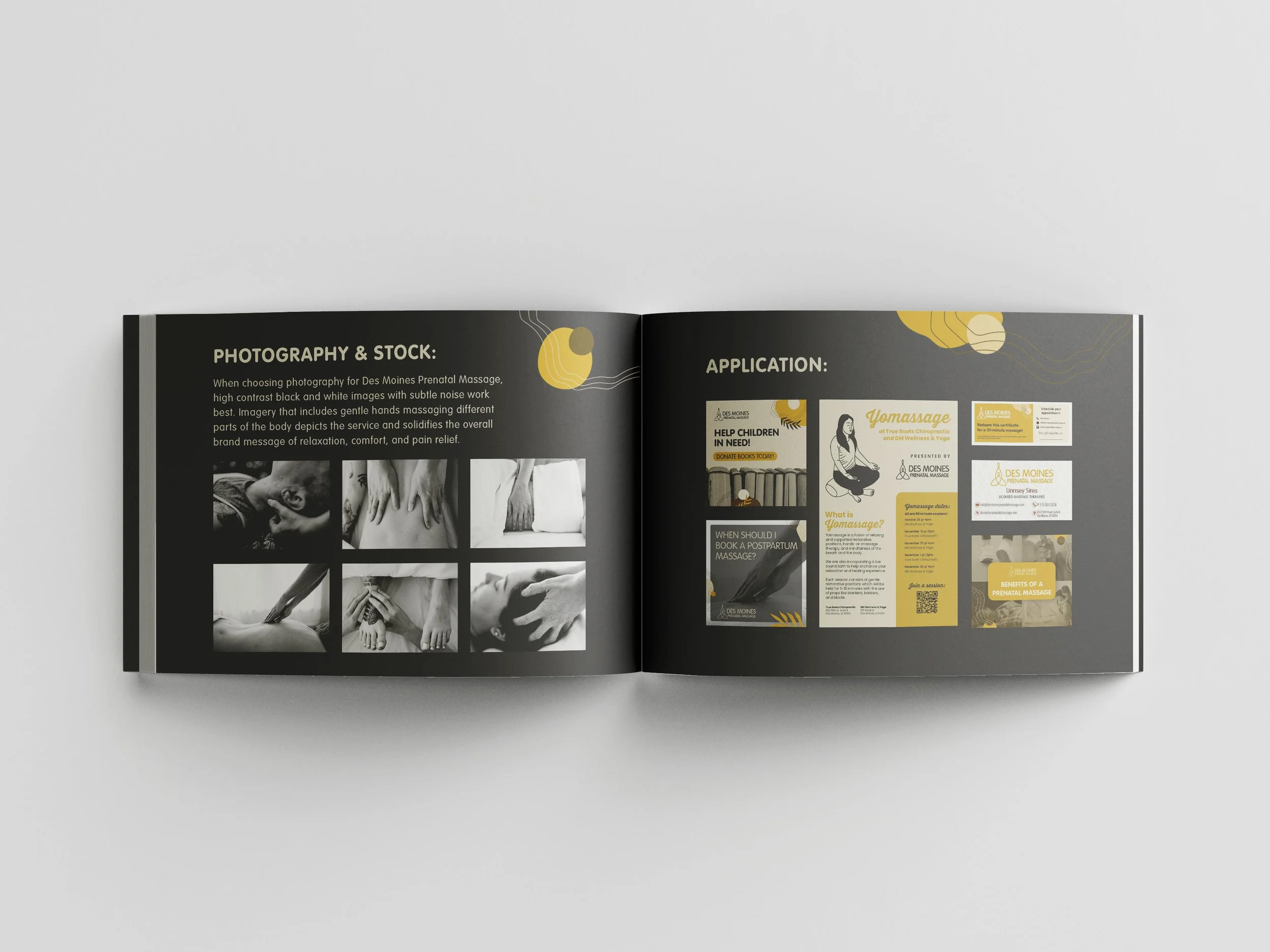 Excerpts from Des Moines Prenatal Massage's brand guidelines developed based on their existing logo, colors, and photography.