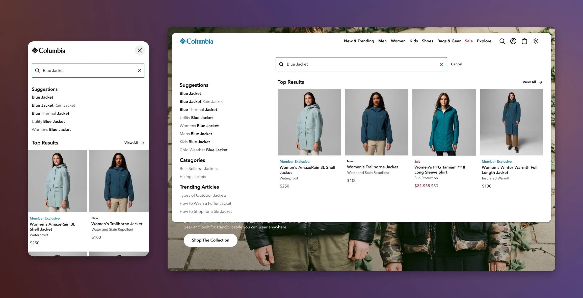 Columbia Sportswear search functionality on new website