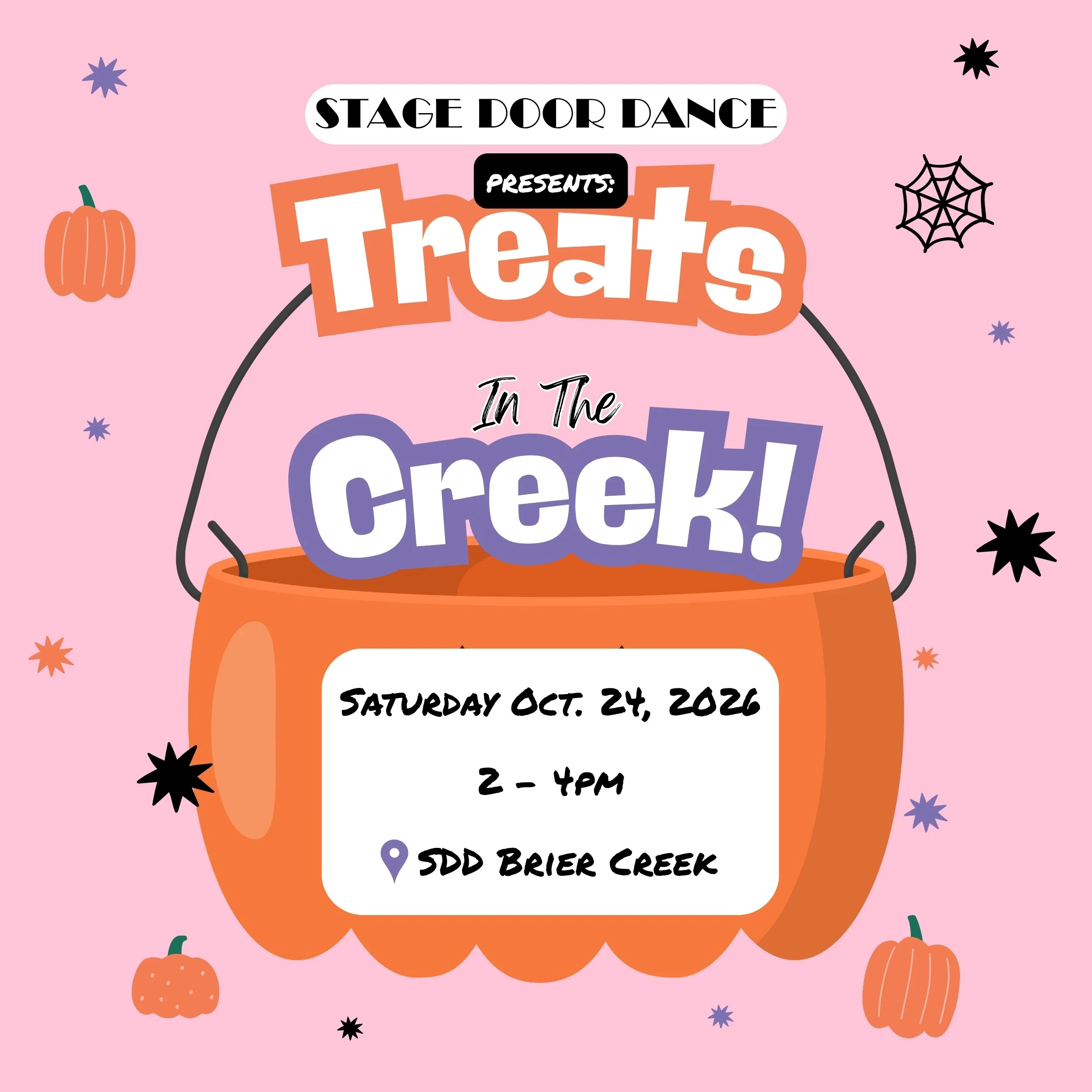 Pink background with Halloween-themed decorations including pumpkins, spider webs, and star shapes. A sign in the center announces a 'Stage Door Dance Presents Tr&t' in the school, scheduled for Saturday, October 24, 2026, from 2 to 4 PM at SDD Brier Creek.