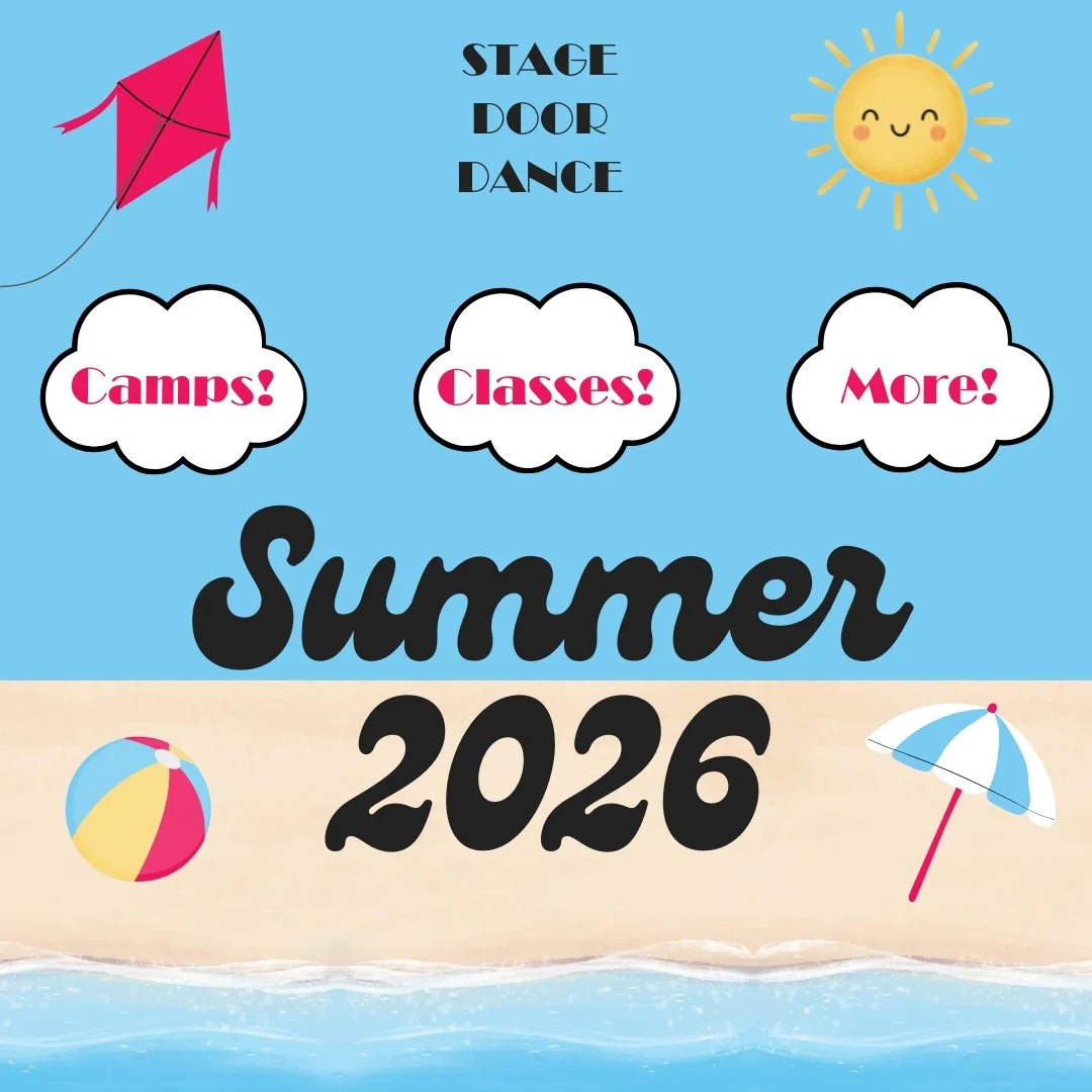 Summer 2026 themed poster with bright blue sky, sun with a smiling face, a beach with waves, a beach ball, and an umbrella. Text promoting camps, classes, and more.