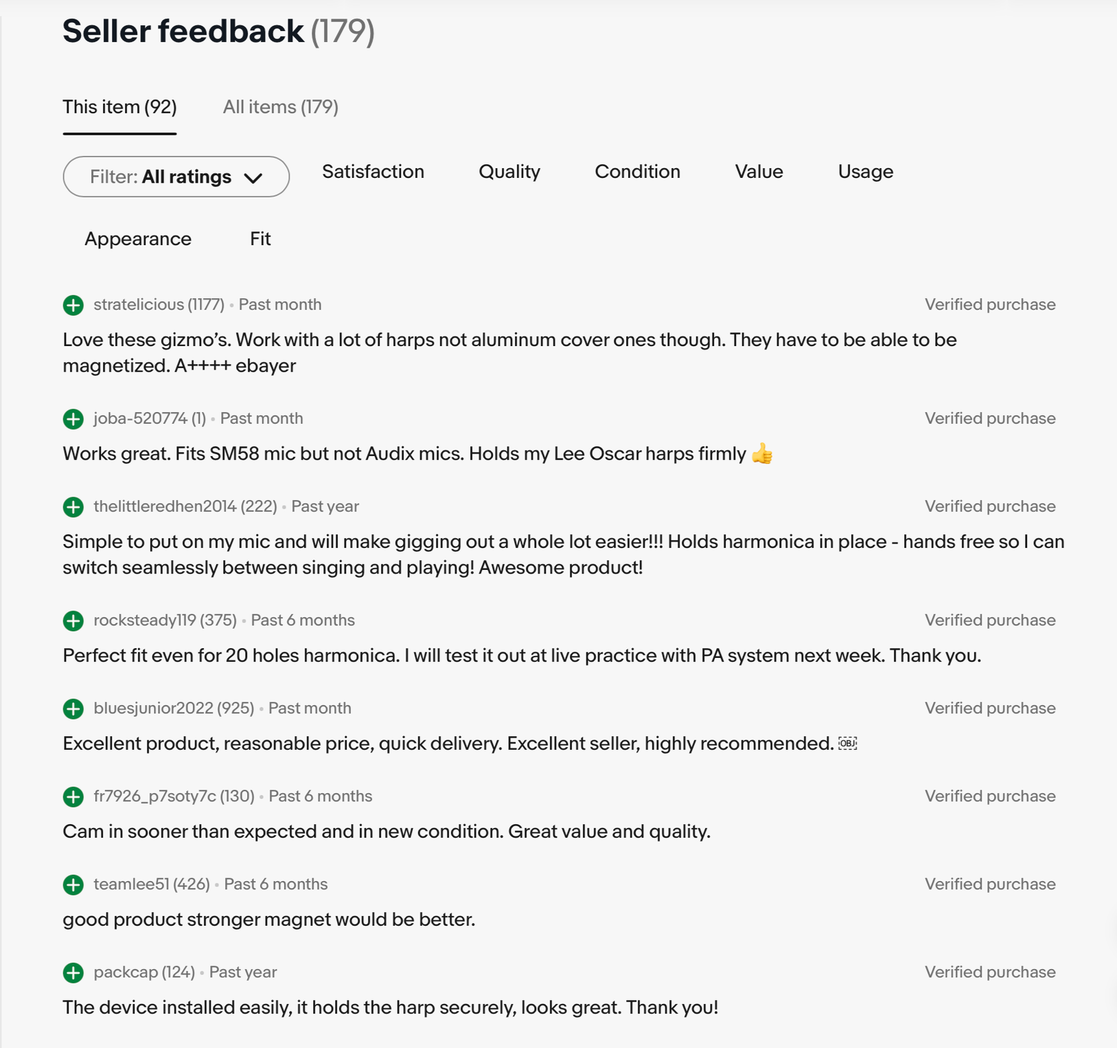 Screenshot of online seller feedback with multiple reviews praising the HarpLock harmonica holder, mentioning fit, sound quality, ease of use, and magnetic hold.