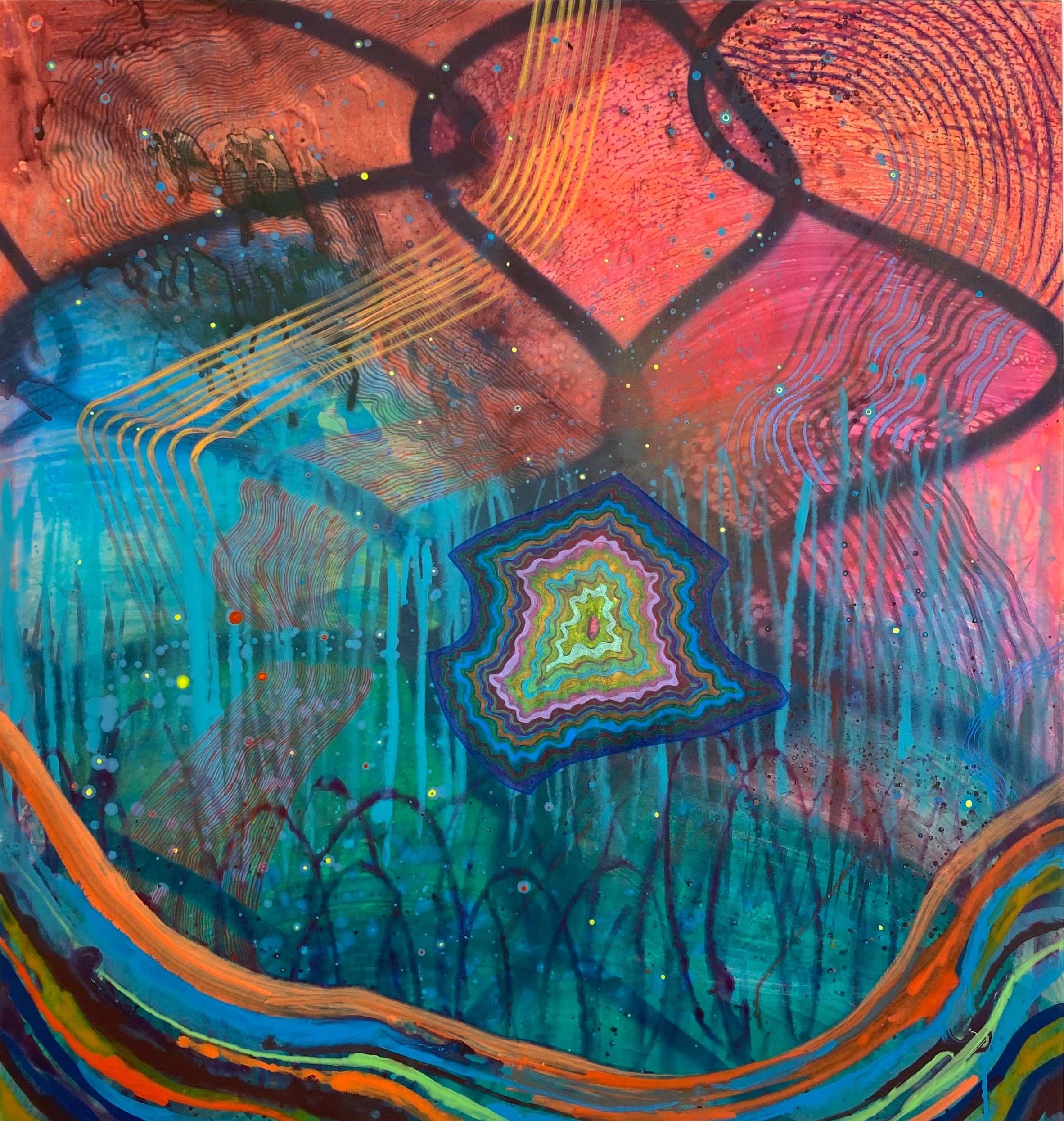 Francisco+Donoso_+Cosmic+Retreat%2C+2022%2C+38x36+inches%2C+acrylic%2C+spray+paint%2C+ink+and+colored+pencil+on+mylar+mounted+on+clear+and+pink+fluorescent+plexiglass%2C+%245000.jpg