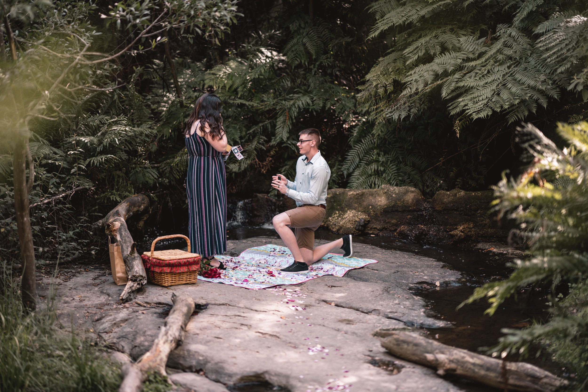 Man proposing to a woman outdoors, kneeling on a blanket in a forest setting, with a picnic basket and flowers.