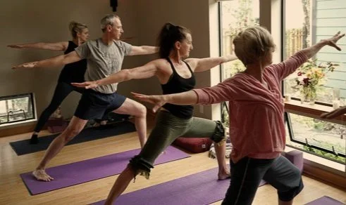 Four people participating in a yoga or stretching class, each on a yoga mat, in a room with large windows and plants.