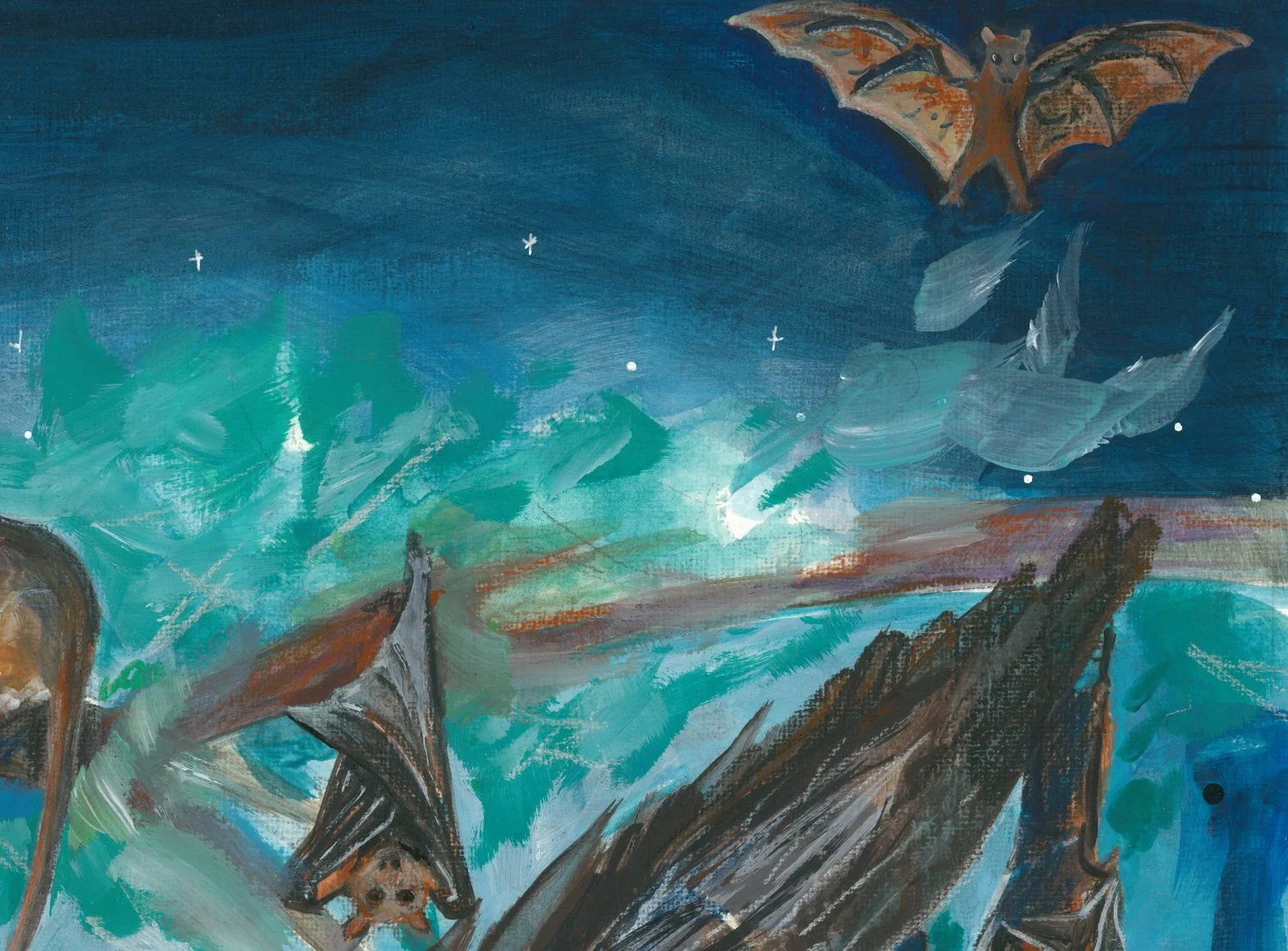 Detail of a painting with Flying Foxes against a dark blue sky.