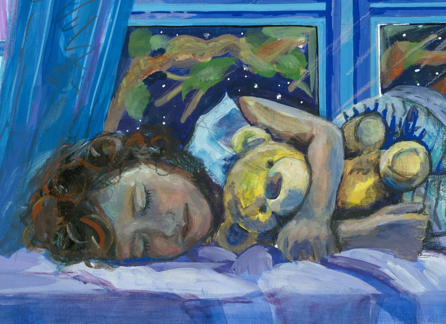 Detail of a painting of a sleeping child holding her yellow teddy bear. She is lying on blue sheets and there is a blue window and curtains behind her bed. Coming out of the window is a tree branch.