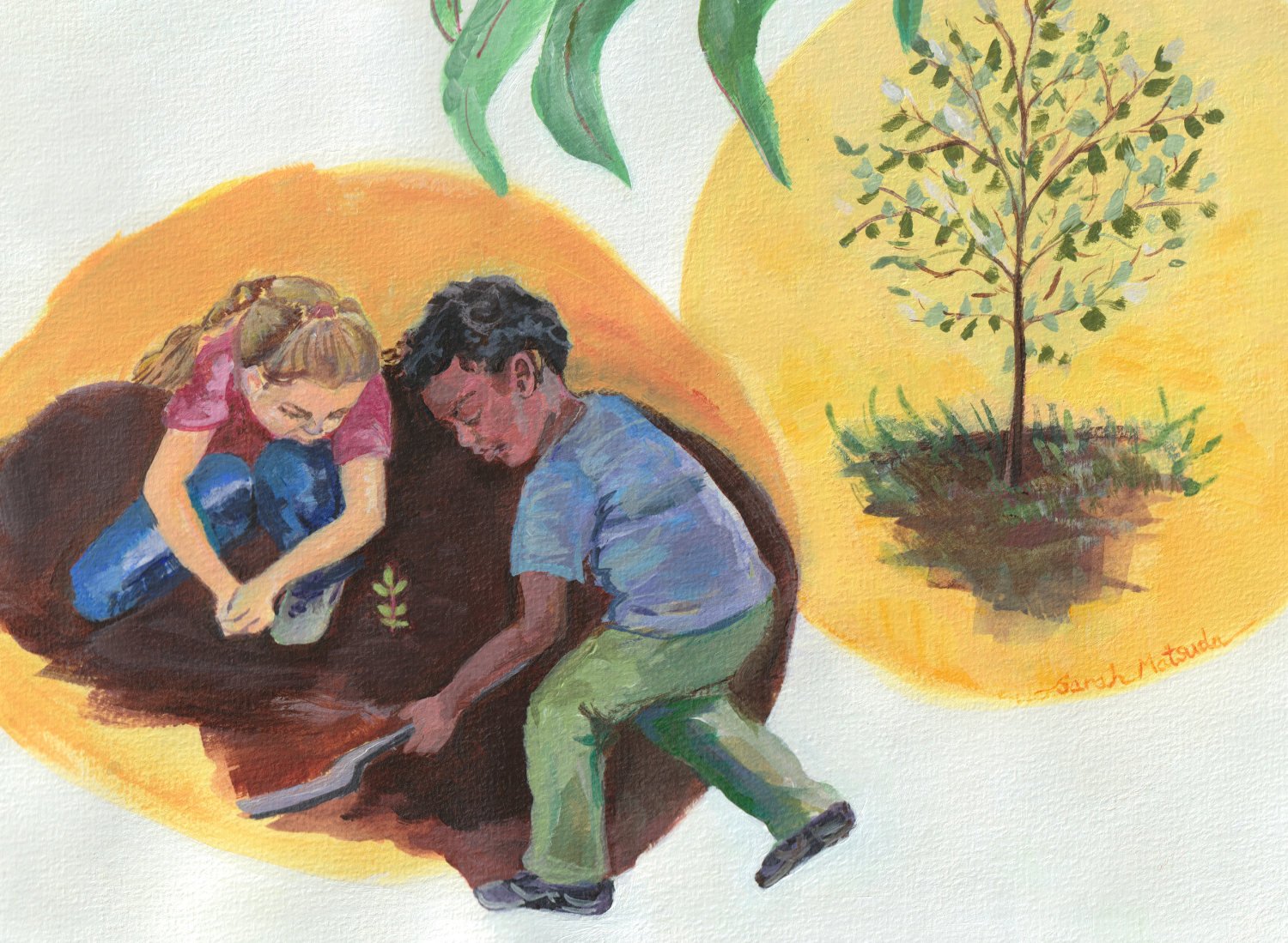 Painting of two children planting a seedling and a cropped view of a small tree.