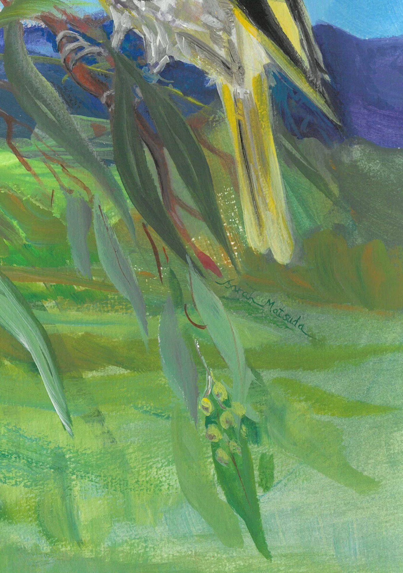A close up of a painting with greens and some leaves and Sarah Matsuda's signature.