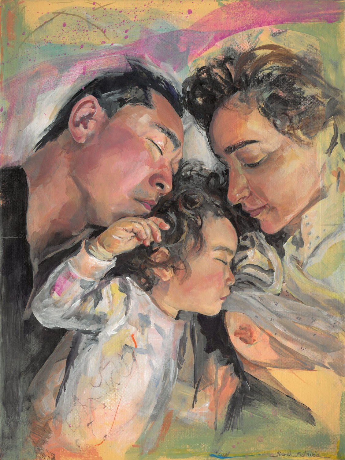 An Asian father and Caucasian Mother sleep with their toddler between them. The Mother has been breastfeeding her child and there is an exposed breast. The background is yellow, pink and green with splashes.