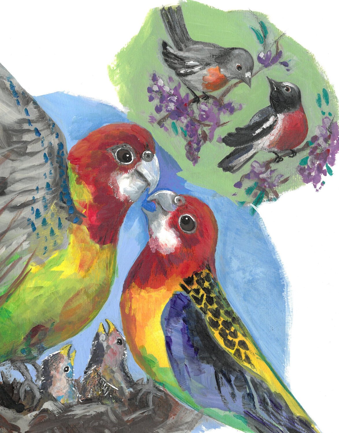 Detail of a painting of a pair of Eastern Rosellas with their young in the nest and a pair of Scarlet Robins on a branch with flowers.