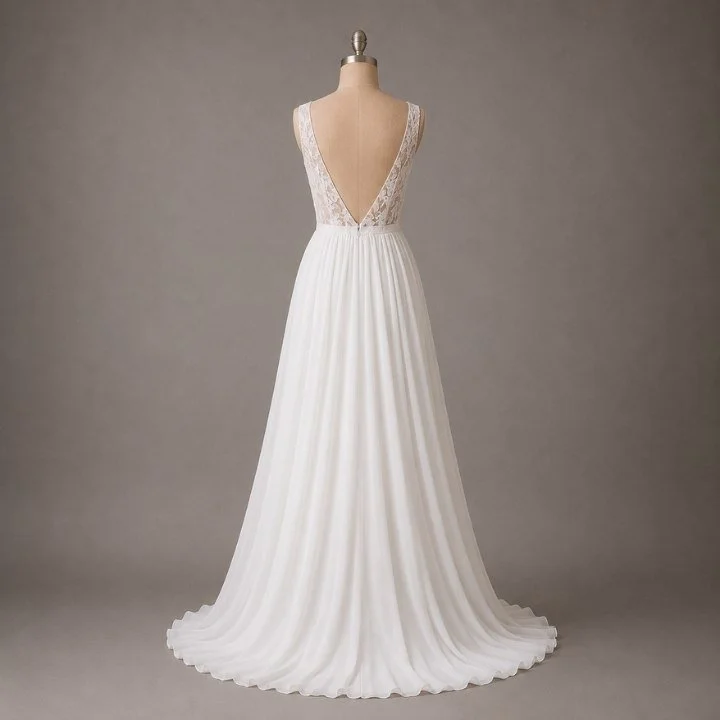Back view of a chiffon bridal gown featuring a low V-back and soft flowing train, designed for romantic outdoor weddings.
